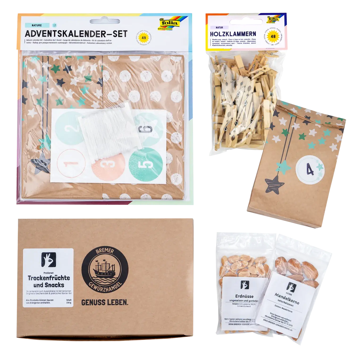 Trockenfrüchte & Snacks Adventskalender-Set mit Beuteln zum Selberbasteln - Papiertütchen Adventskalender-Set „Nature“ mit Trockenfrüchten, Snacks und Holzklammern in Naturfarbe