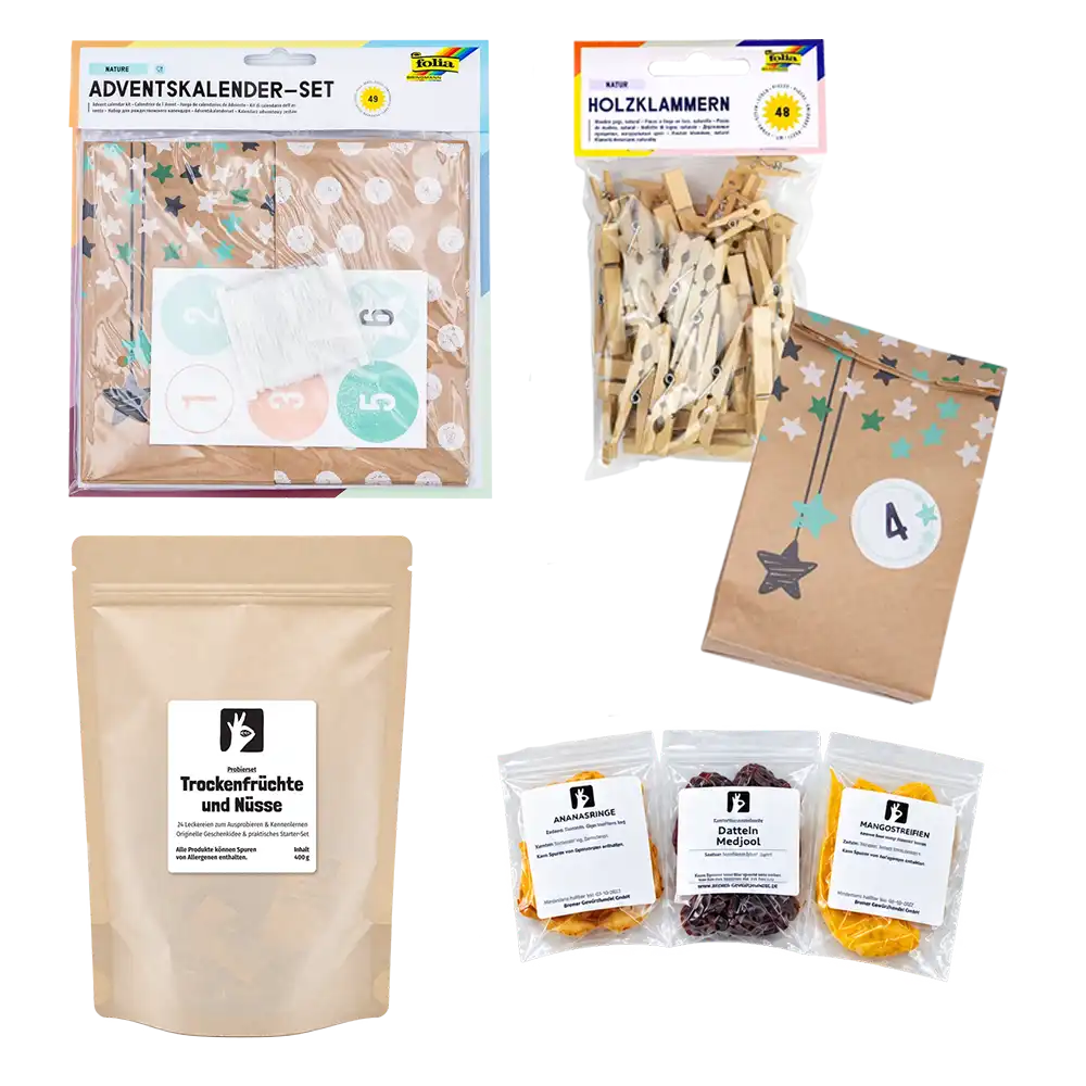 Adventskalender-Set „Nature“ mit Trockenfrüchten, Snacks und Holzklammern in Naturfarbe