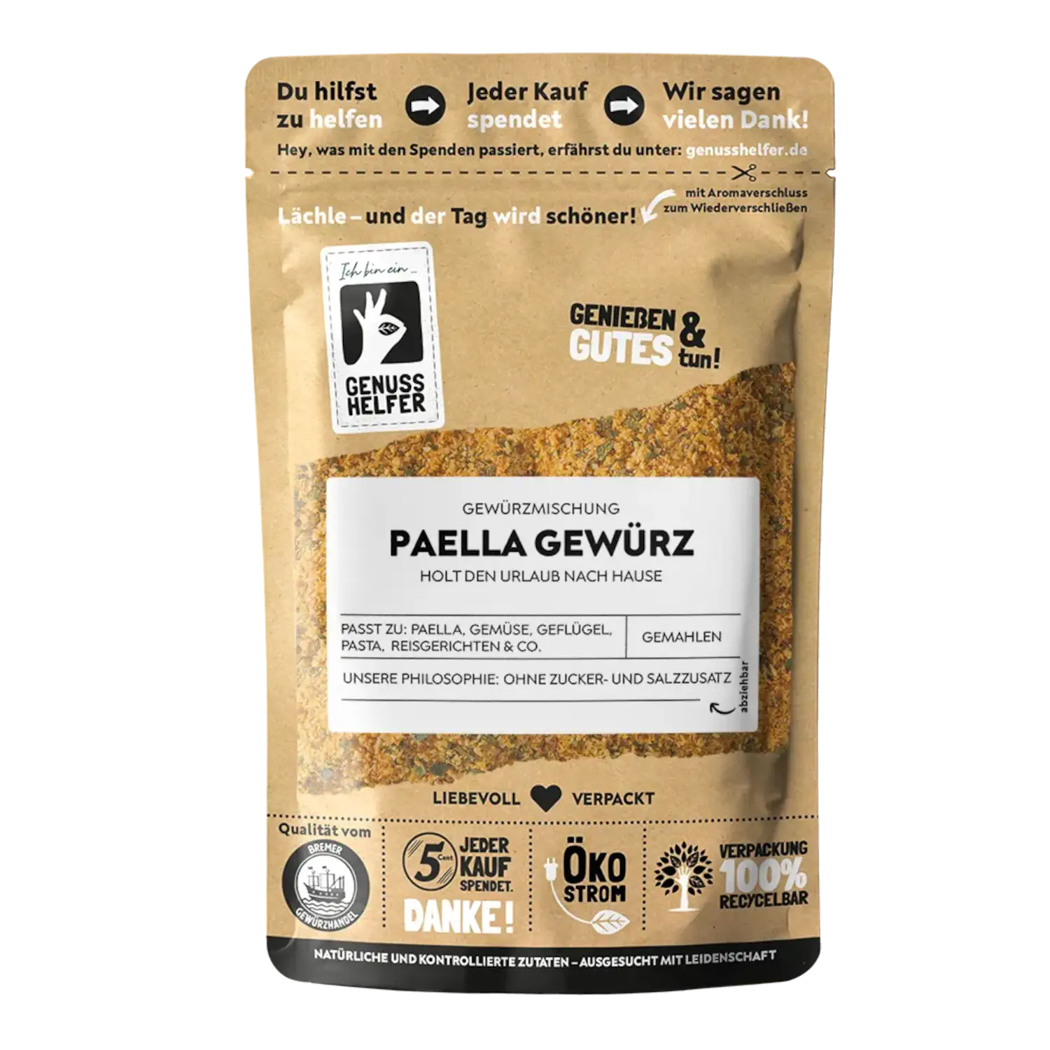 Vorderansicht eines Beutels mit gemahlenem Paella-Gewürz