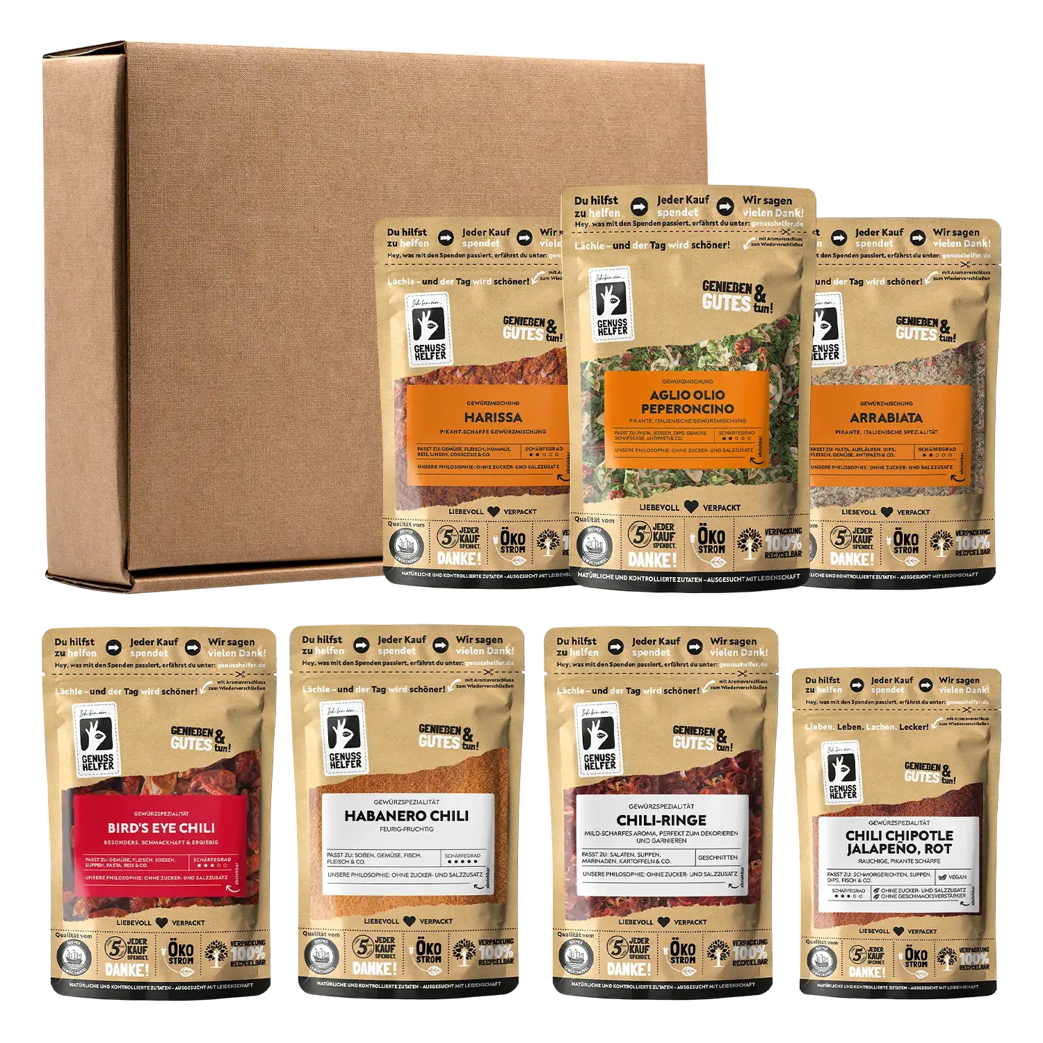 Genuss Box - Scharfe Momente, mit Chili, 7 Tlg. Zusammenstellung der Artikel sowie des Kartons der Genussbox „Scharfe Momente“
