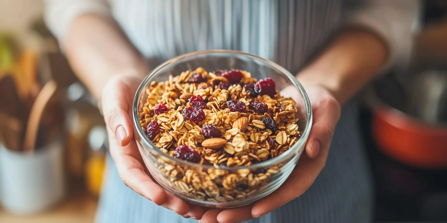 Hände greifen nach Müsli mit Granola und Trockenfrüchten