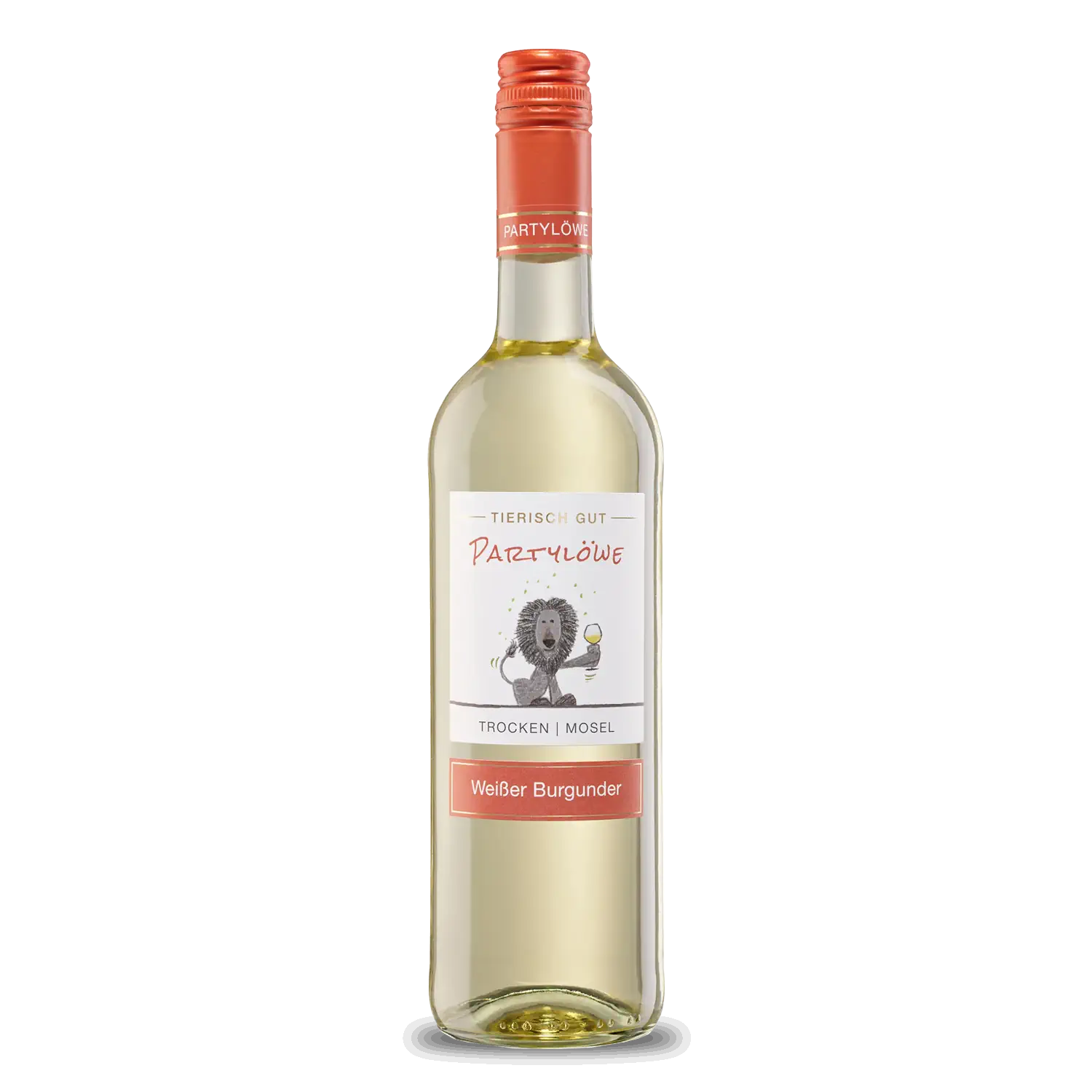 Weißwein Tierisch gut – Partylöwe Trockener Weißer Burgunder-Wein in einer Flasche mit Etikett 'Payrtylöwe'