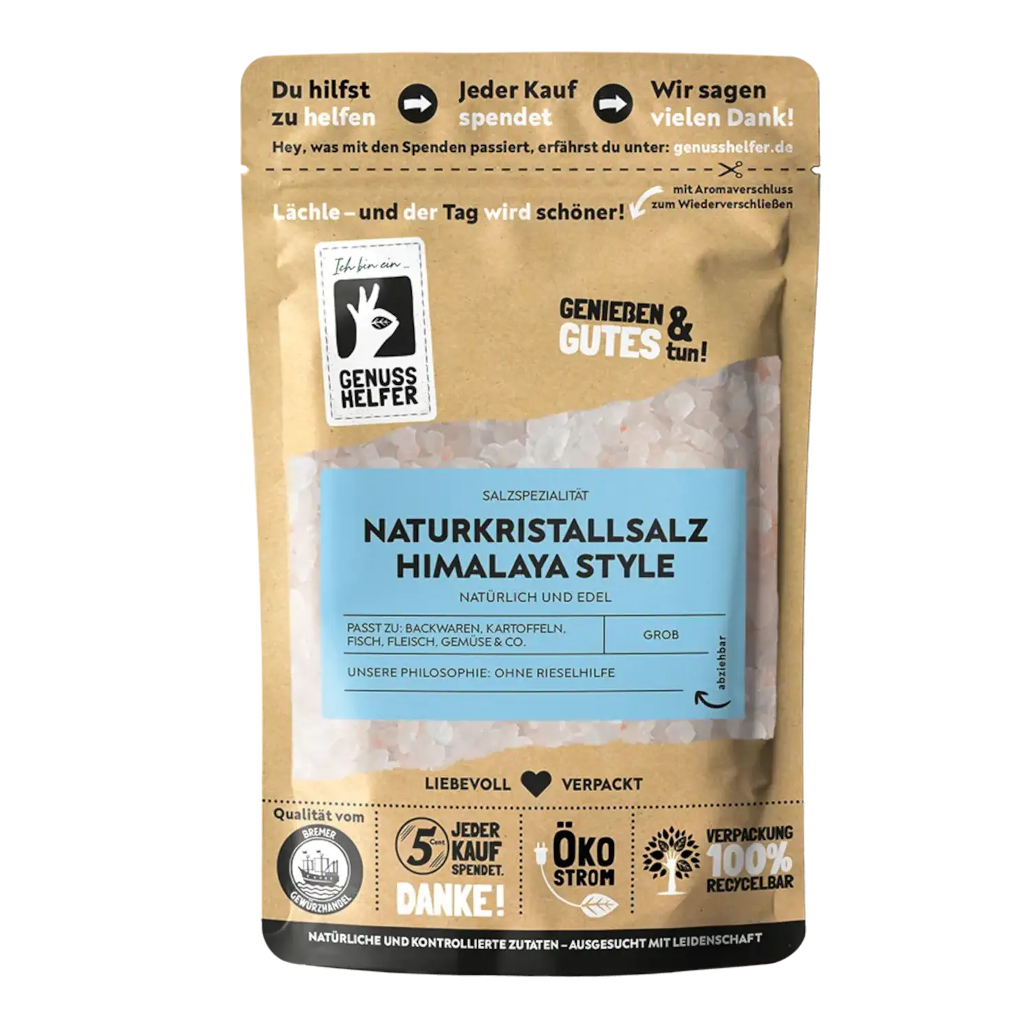 Naturkristallsalz Himalaya-Style, Körner Vorderansicht eines Beutels mit Naturkristallsalz im Himalaya-Stil