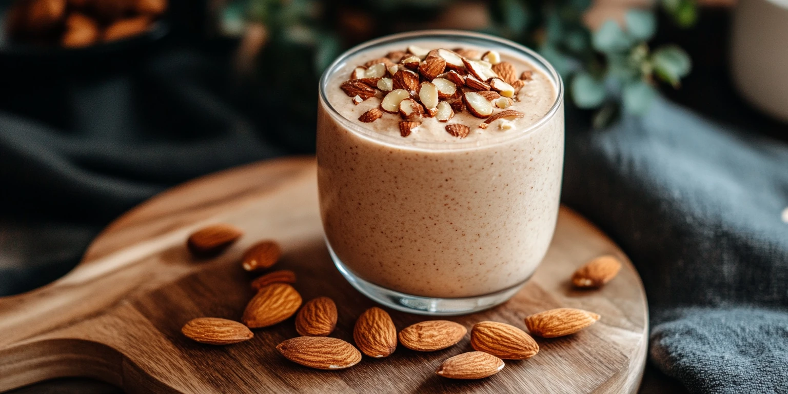 Mousse mit ganzen ungeschälten Mandeln angerichtet