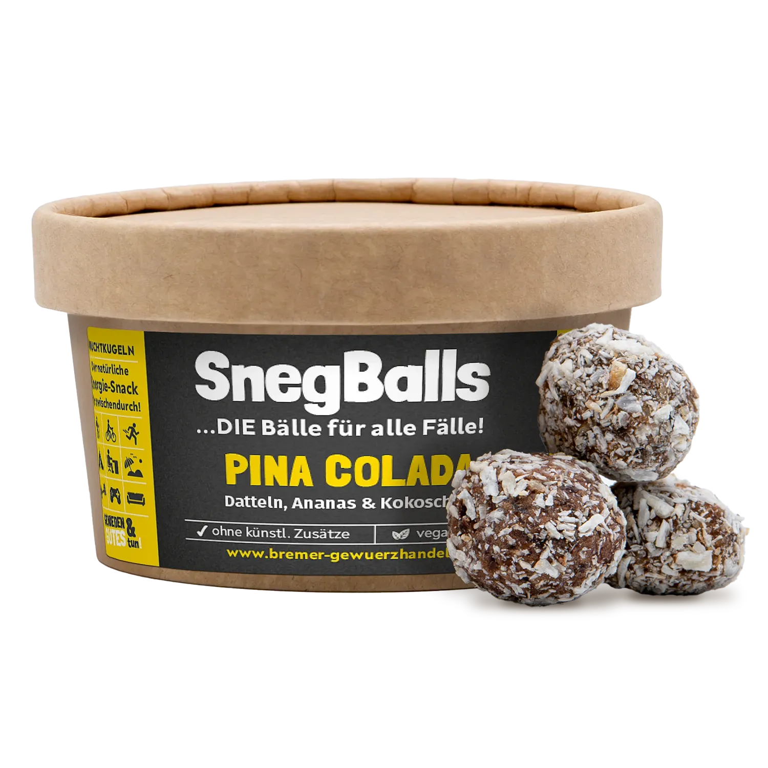 SnegBalls Pina Colada, Fruchtkugeln Snegballs „Pina Colada“ in einer Holzschale
