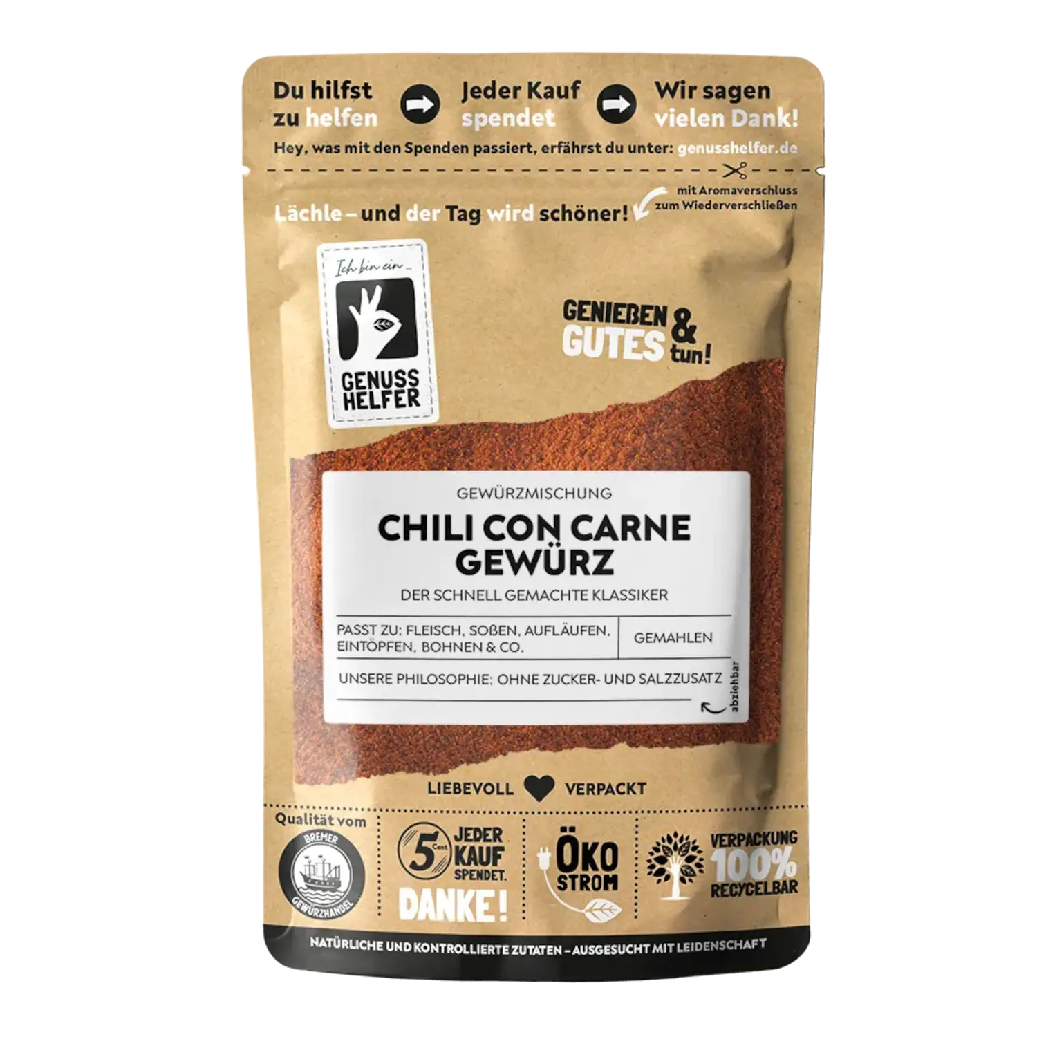 Vorderansicht eines Beutels mit gemahlener Chili con Carne-Gewürzmischung