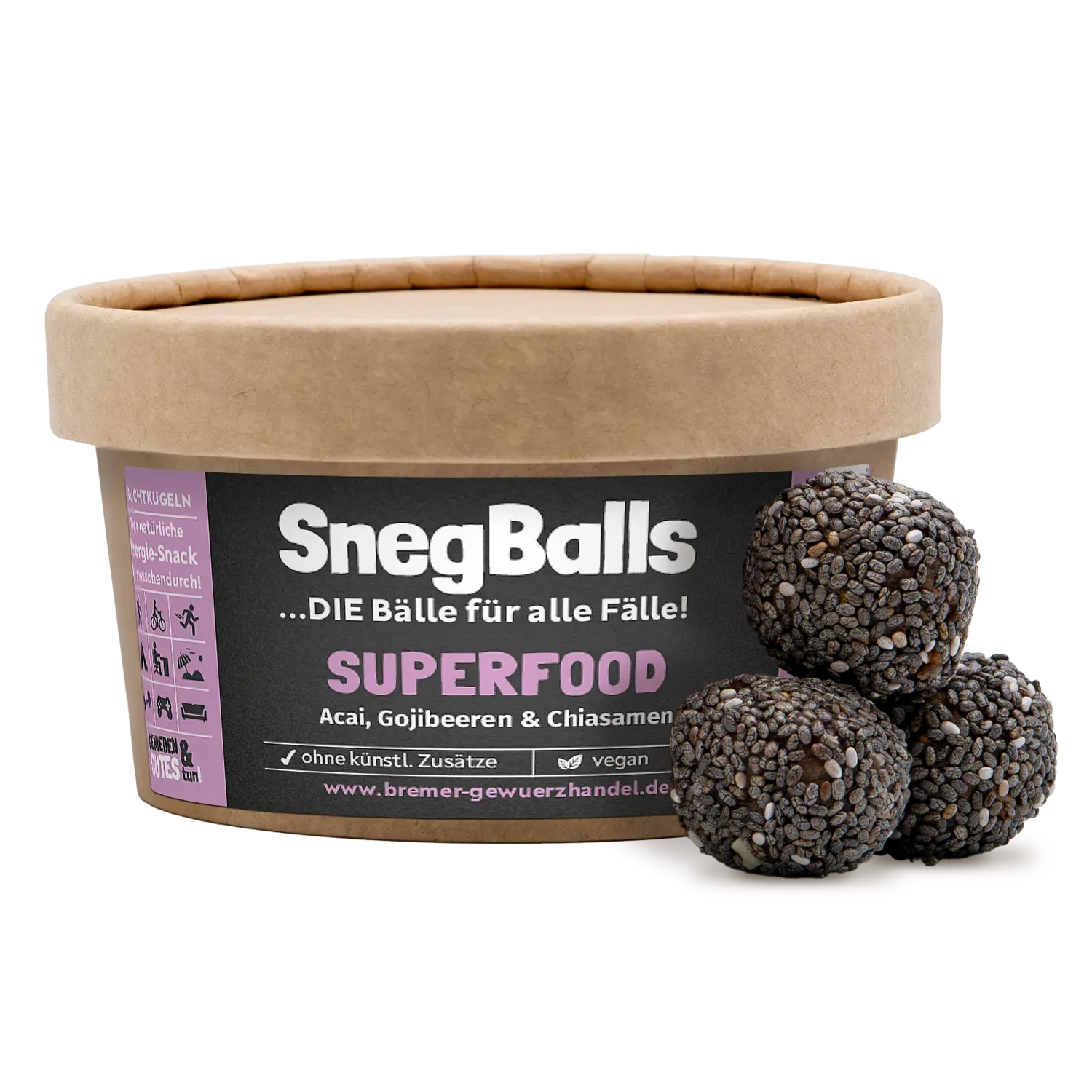 SnegBalls Superfood, Fruchtkugeln Snegballs „Superfood“ in einer Holzschale