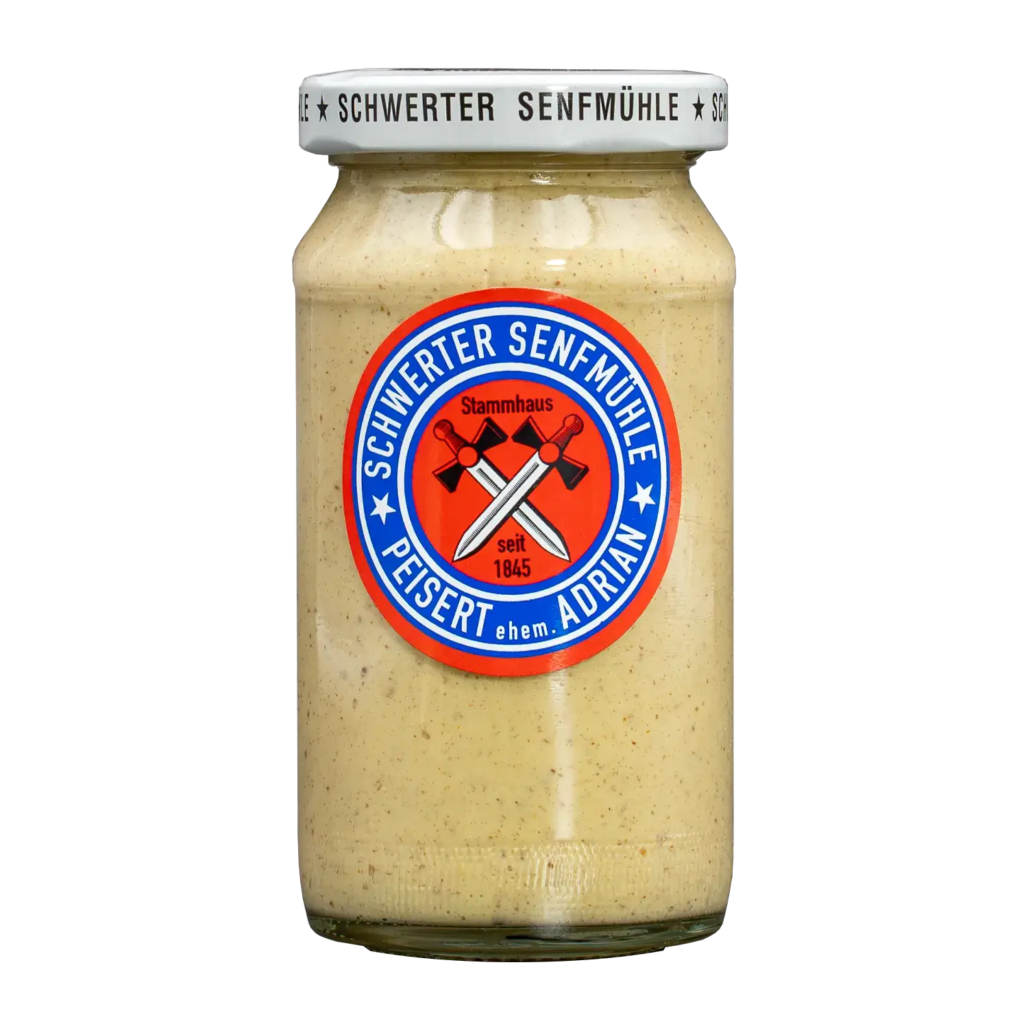 Bier Senf Vorderansicht eines Glases mit Bier-Senf von der Schwerter Senfmühle