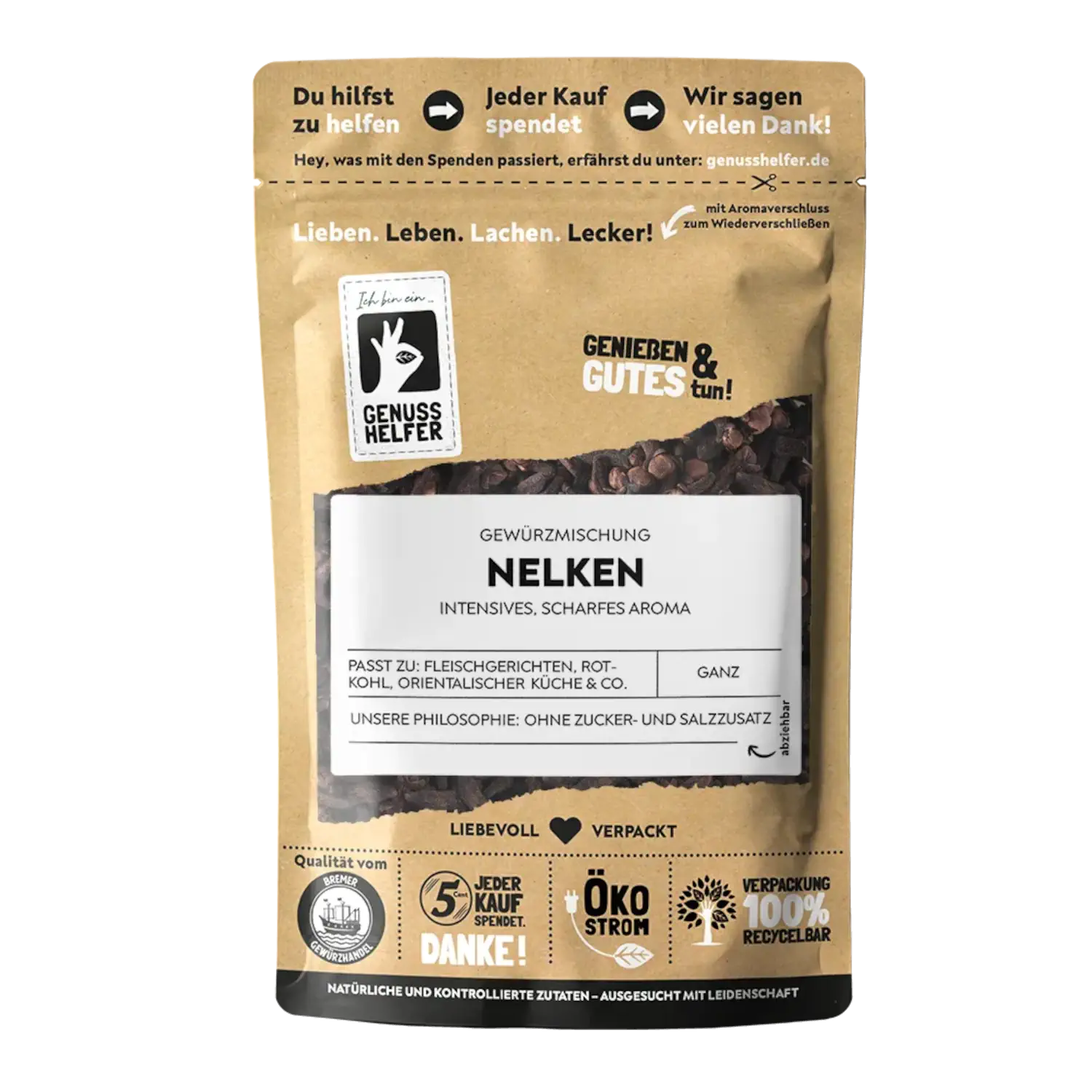 Nelken, ganz Vorderansicht eines Beutels mit ganzen Nelken