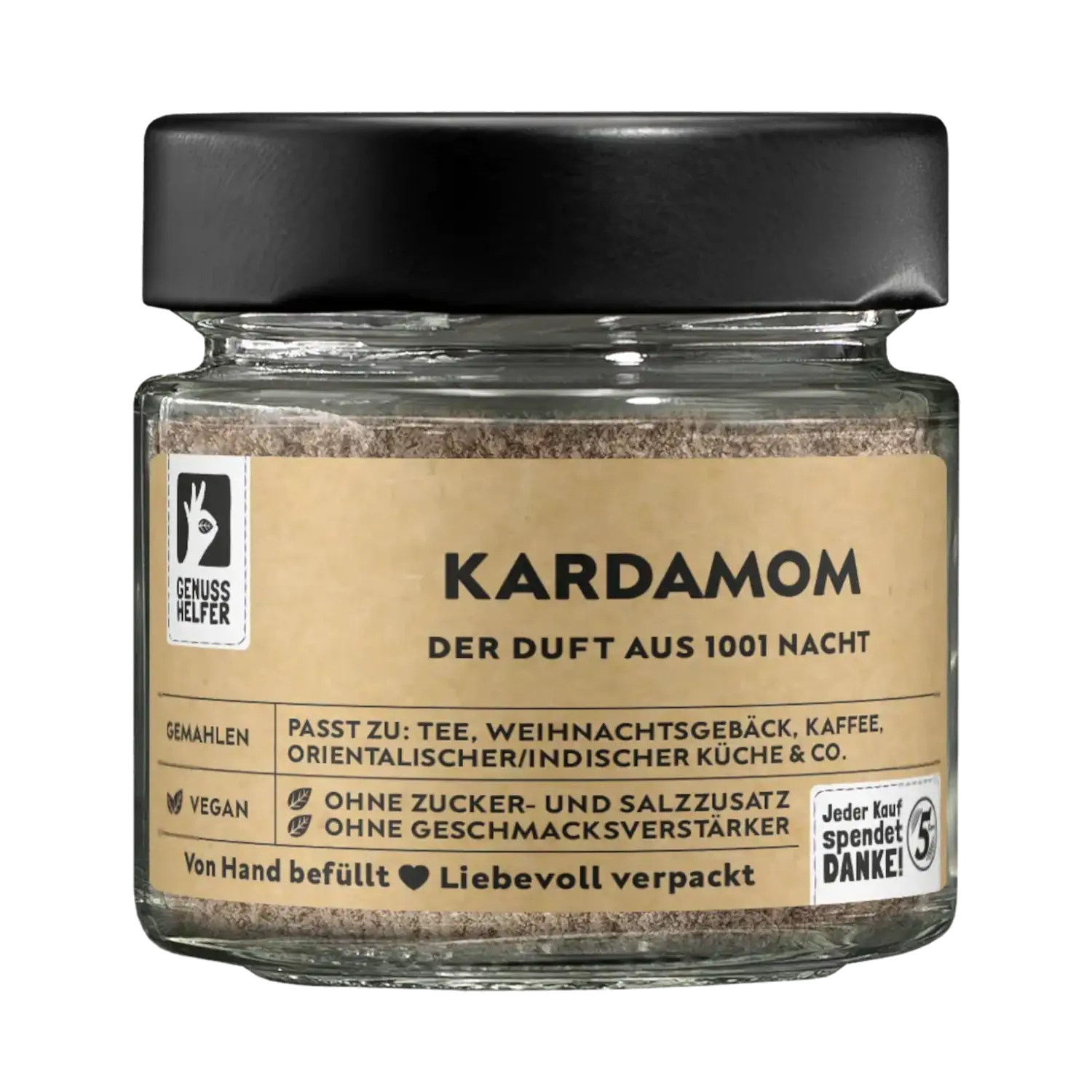 Kardamom, gemahlen, im Glas Vorderansicht eines Glases mit gemahlenem Kardamom