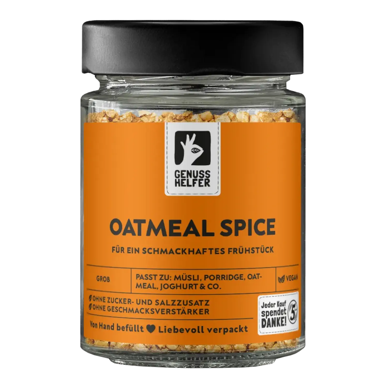 Vorderansicht eines Glases mit grobem Oatmeal Spice Topping