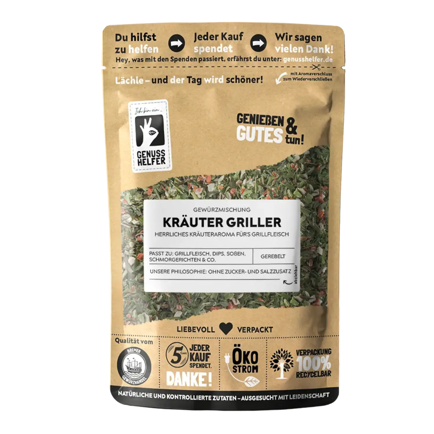 Kräuter-Griller, gerebelt Vorderansicht eines Beutels mit gerebelten Grillkräutern