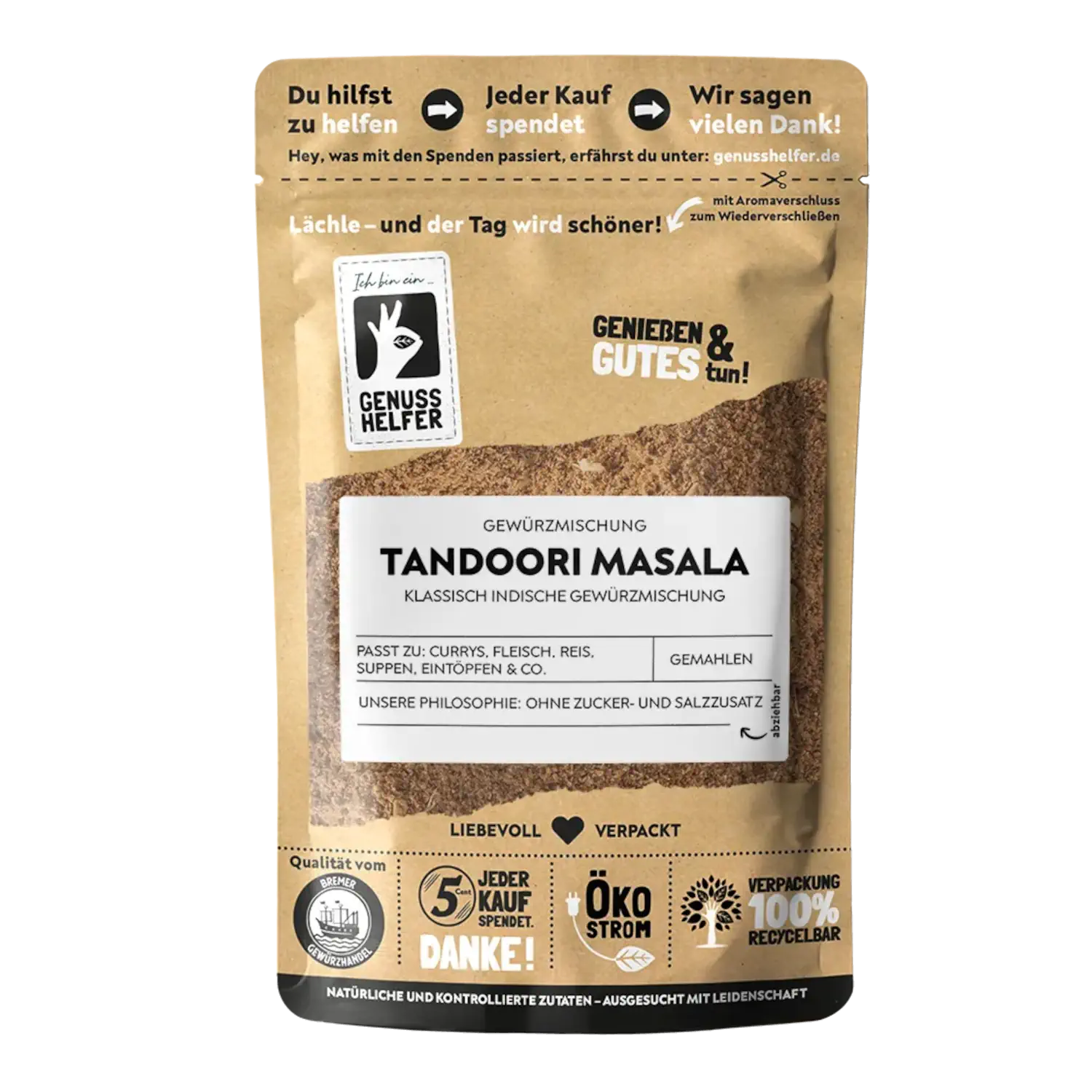 Tandoori-Masala, indische Gewürzmischung, gemahlen Vorderansicht eines Beutels mit gemahlenem Tandoori Masala