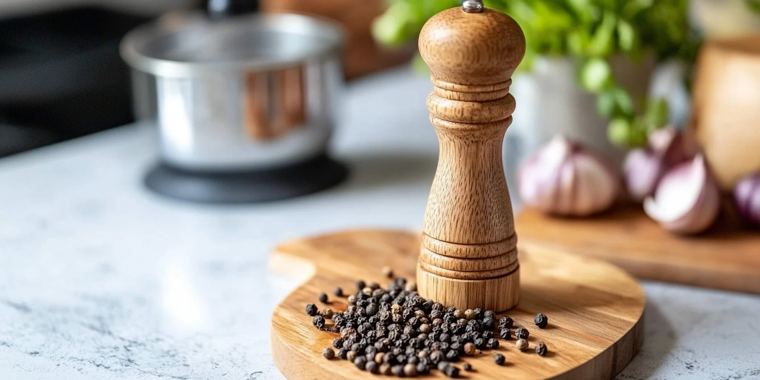 Pfeffermühle mit ganzen schwarzen Pfefferkörnern