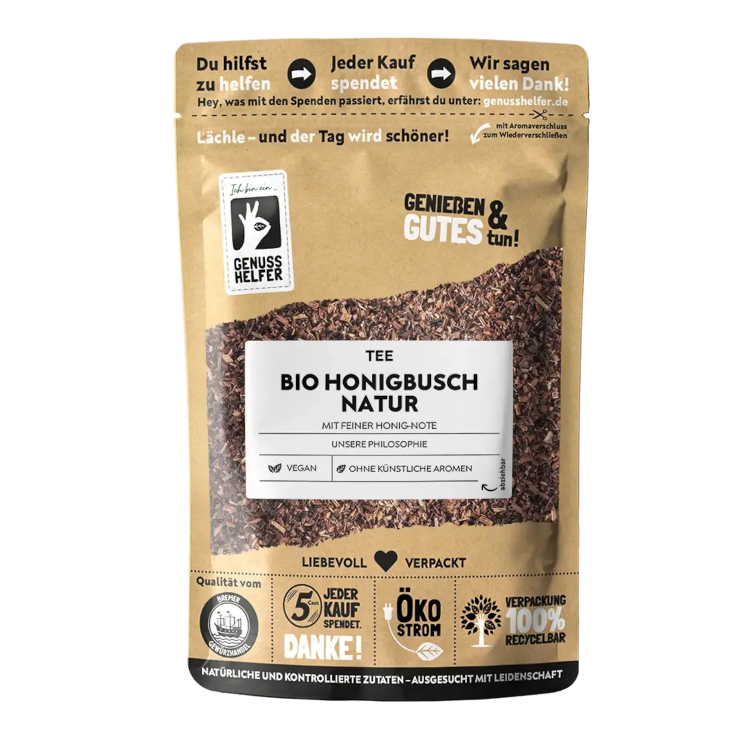 Honigbusch Tee BIO Vorderansicht der Pappschachtel mit Honigbusch-Rooibostee (Bio, Teebeutel)