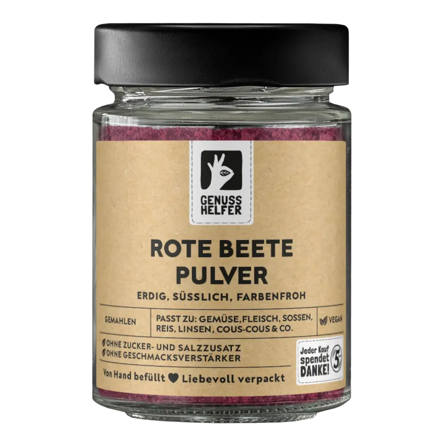 Rote Beete Pulver, gemahlen, im Glas Vorderansicht eines Glases mit gemahlenem Rote-Bete-Pulver