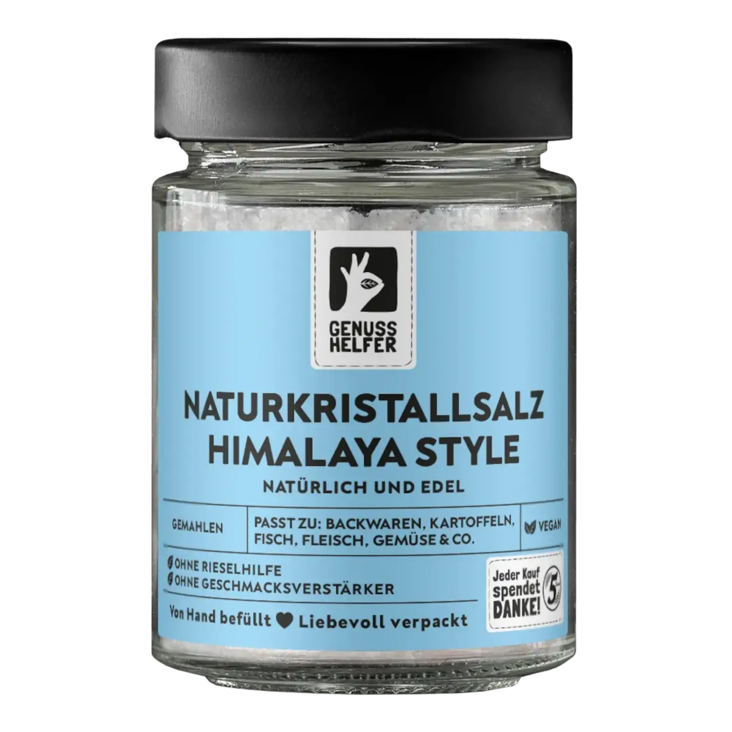 Naturkristallsalz Himalaya-Style, gemahlen, im Glas Vorderansicht eines Glases mit gemahlenem Naturkristallsalz im Himalaya-Stil