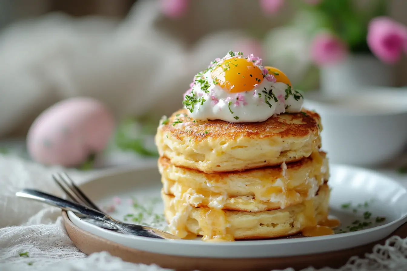 Osterfrühstück mit Pancakes und Spiegelei liebevoll angerichtet