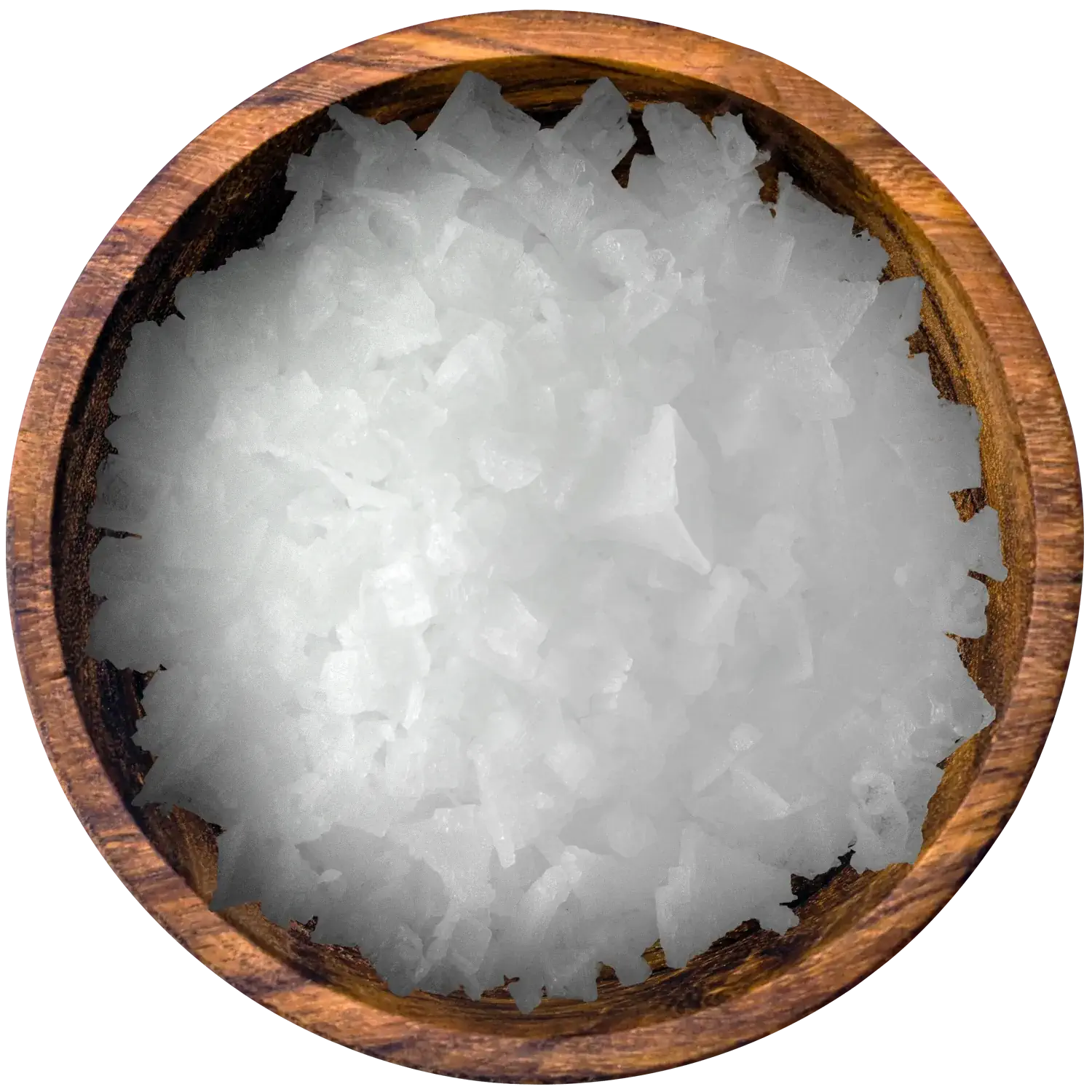 Pyramidensalz, im Glas Vorderansicht eines Glases mit grobem indischem Pyramidensalz