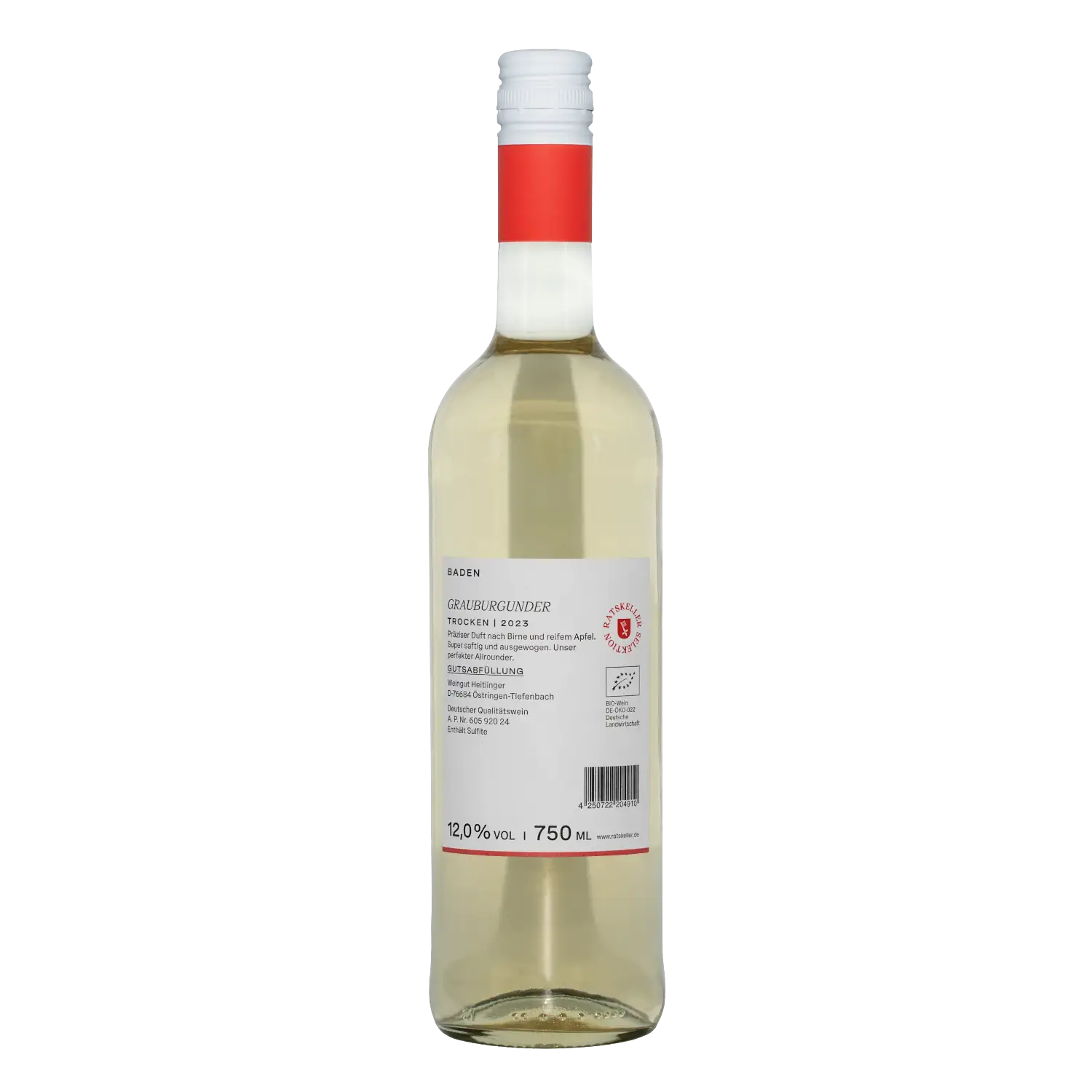 Rückansicht einer Flasche „Grauburgunder trocken Bio“ vom Bremer Ratskeller
