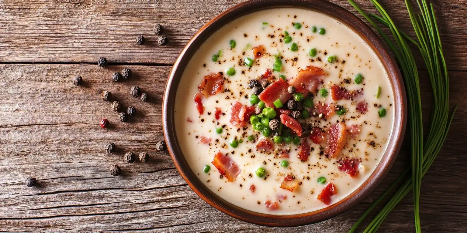 Suppe mit Bacon, Sahne, Schnittlauch und Malabar-Pfeffer verfeinert
