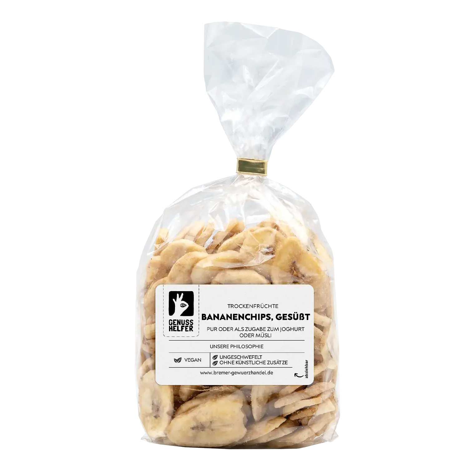 Bananenchips, gesüßt Vorderansicht eines Beutels mit gesüßten Bananenchips
