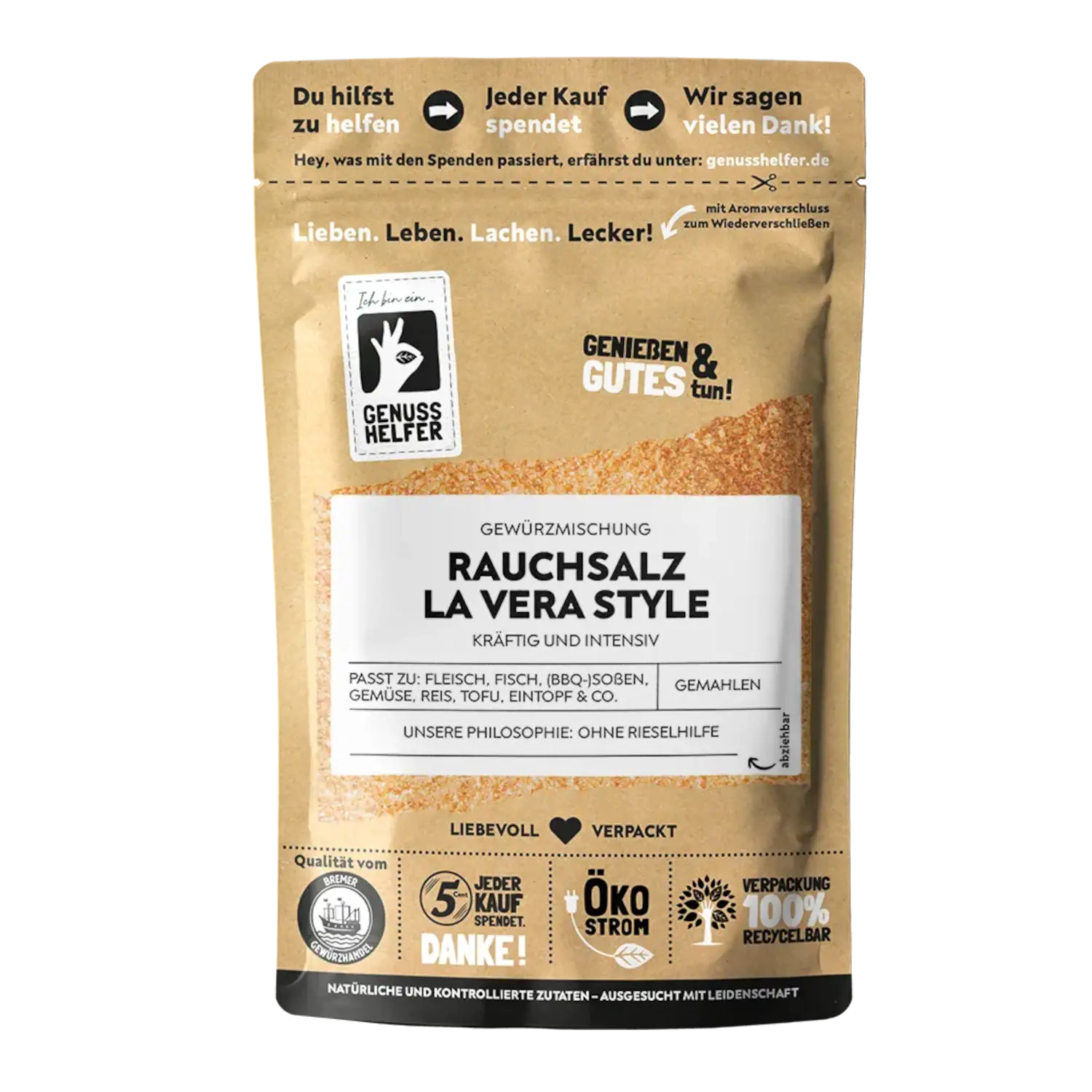 Rauchsalz La Vera Style, gemahlen Vorderansicht eines Beutels mit Rauchsalz „La Vera Style“
