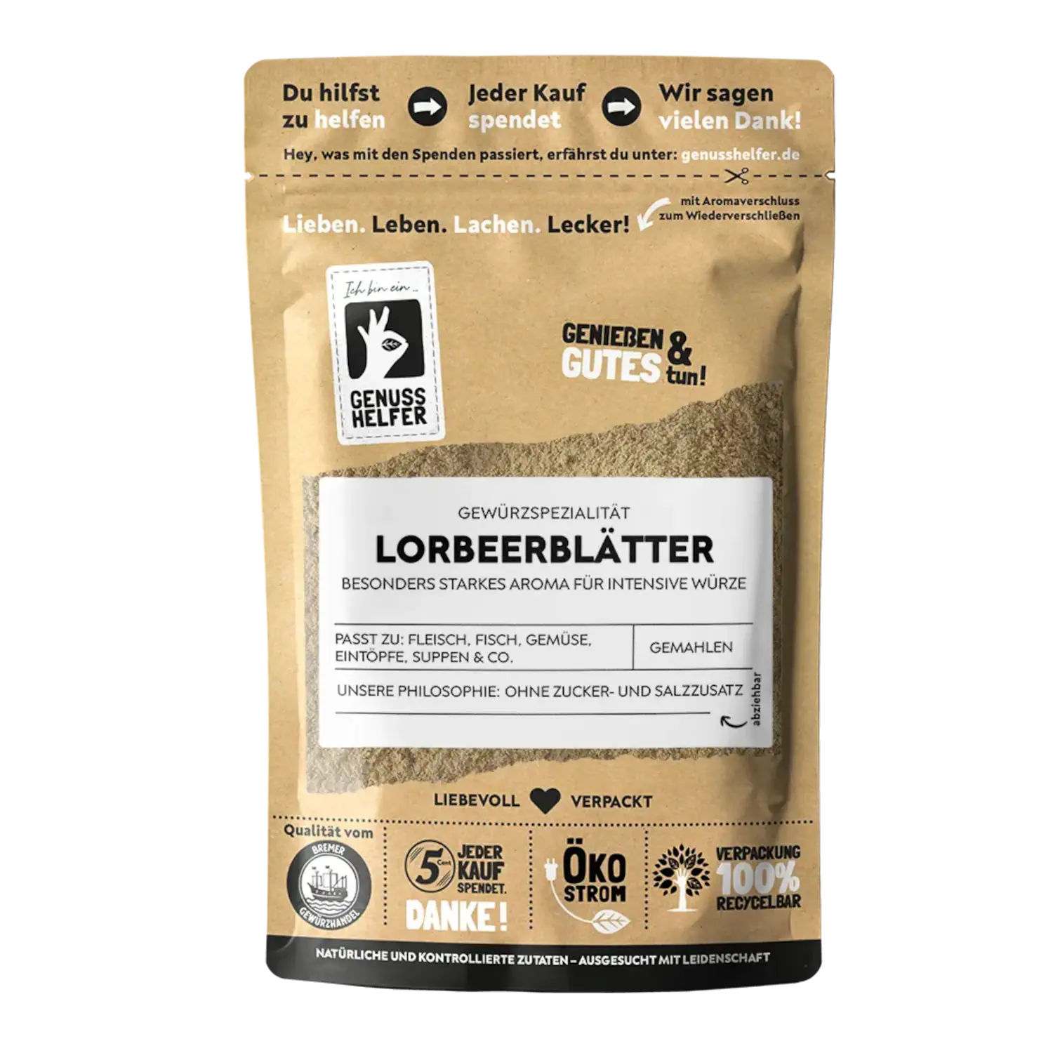 Lorbeerblätter, gemahlen Vorderansicht eines Beutels mit gemahlenen Lorbeerblättern