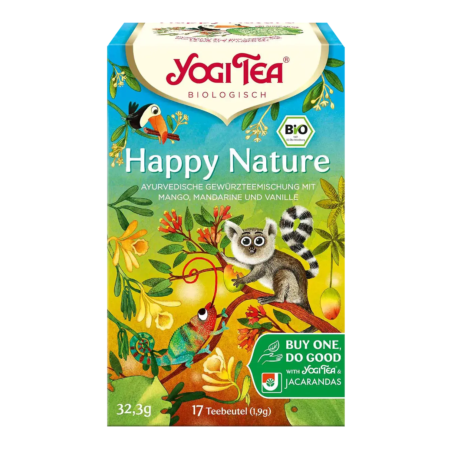 Vorderansicht einer Pappschachtel mit Bio-Yogi-Tee „Happy Nature“