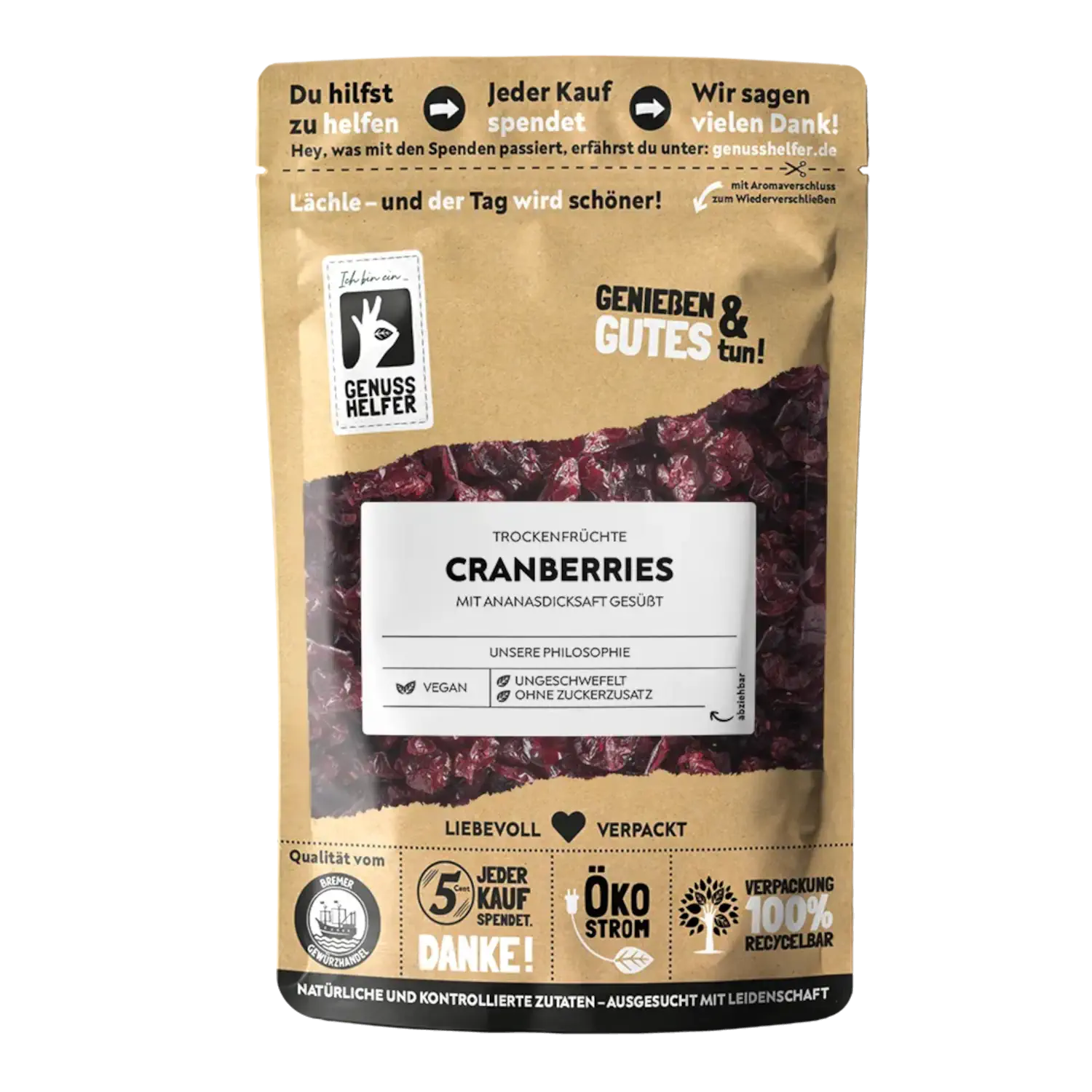Cranberries, getrocknet Vorderansicht eines Beutels mit getrockneten Cranberries