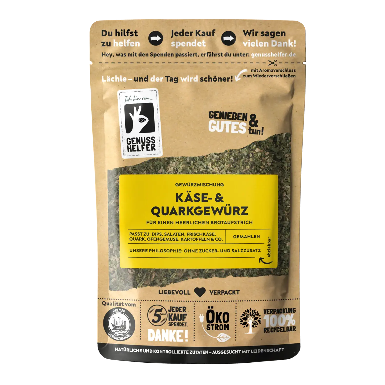 Käse- und Quarkgewürz, gemahlen, 3er Pack Vorderansicht eines Beutels mit gemahlenem Käse- und Quarkgewürz