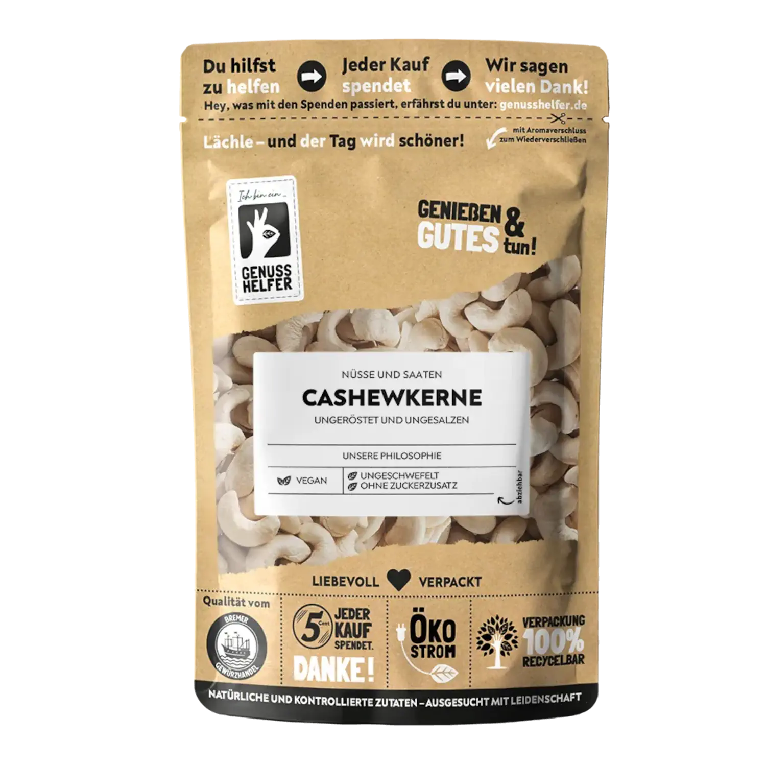 Cashewkerne Vorderansicht eines Beutels mit ganzen Cashewkernen