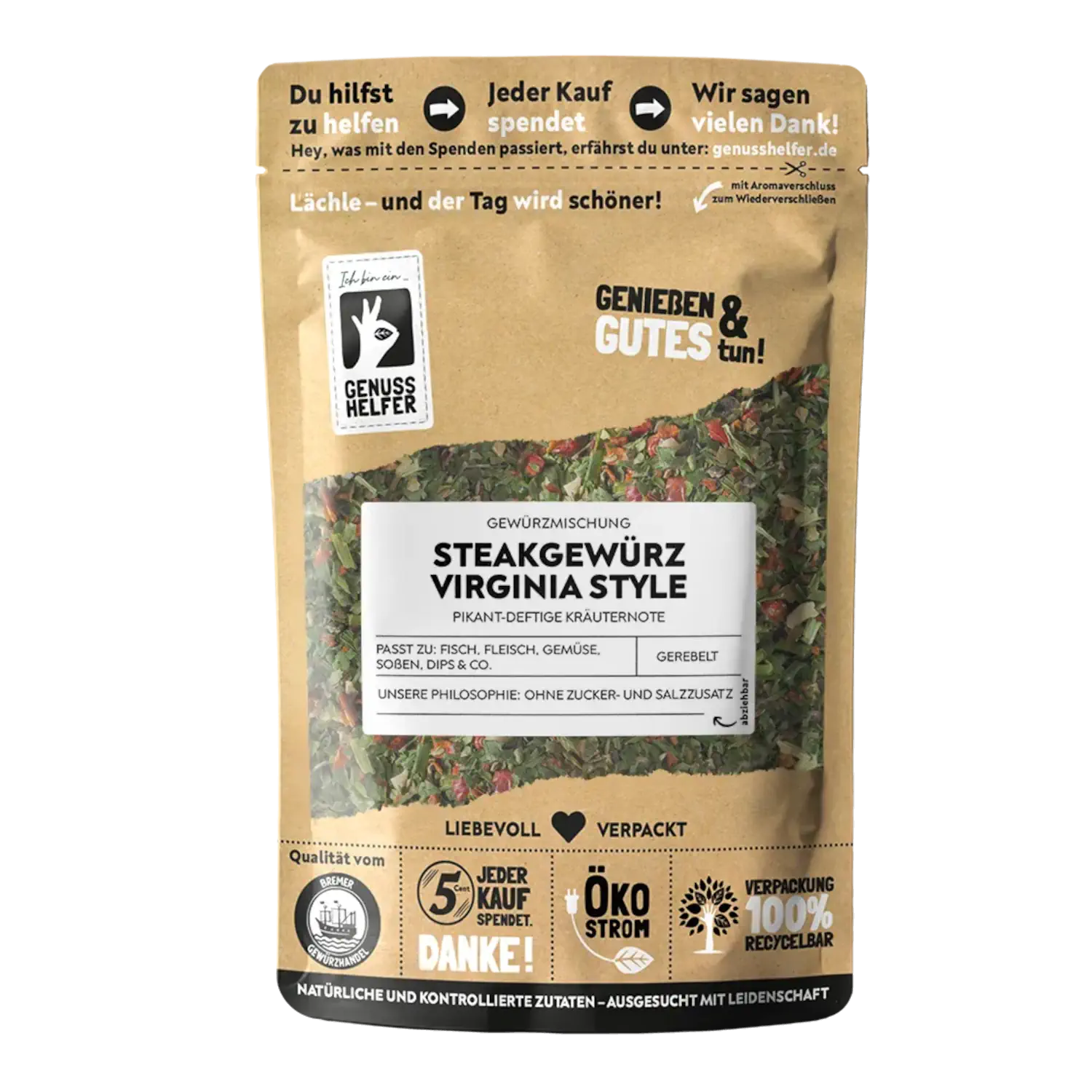 Steakgewürz Virginia Style, gerebelt Vorderansicht eines Beutels mit gerebeltem Steakgewürz Virginia Style