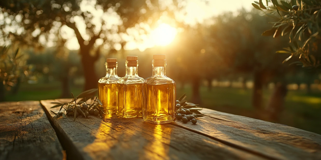 Olivenöl und frische Oliven vor einer mediterranen Olivenplantage