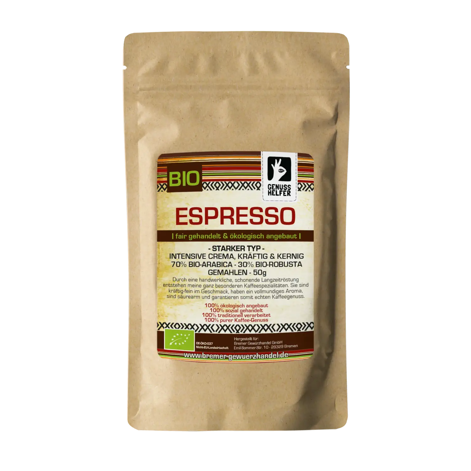 Espresso Crema, starker Typ, BIO, gemahlen, 50g Vorderansicht eines 50-g-Beutels mit Espresso „Starker Typ“, gemahlen