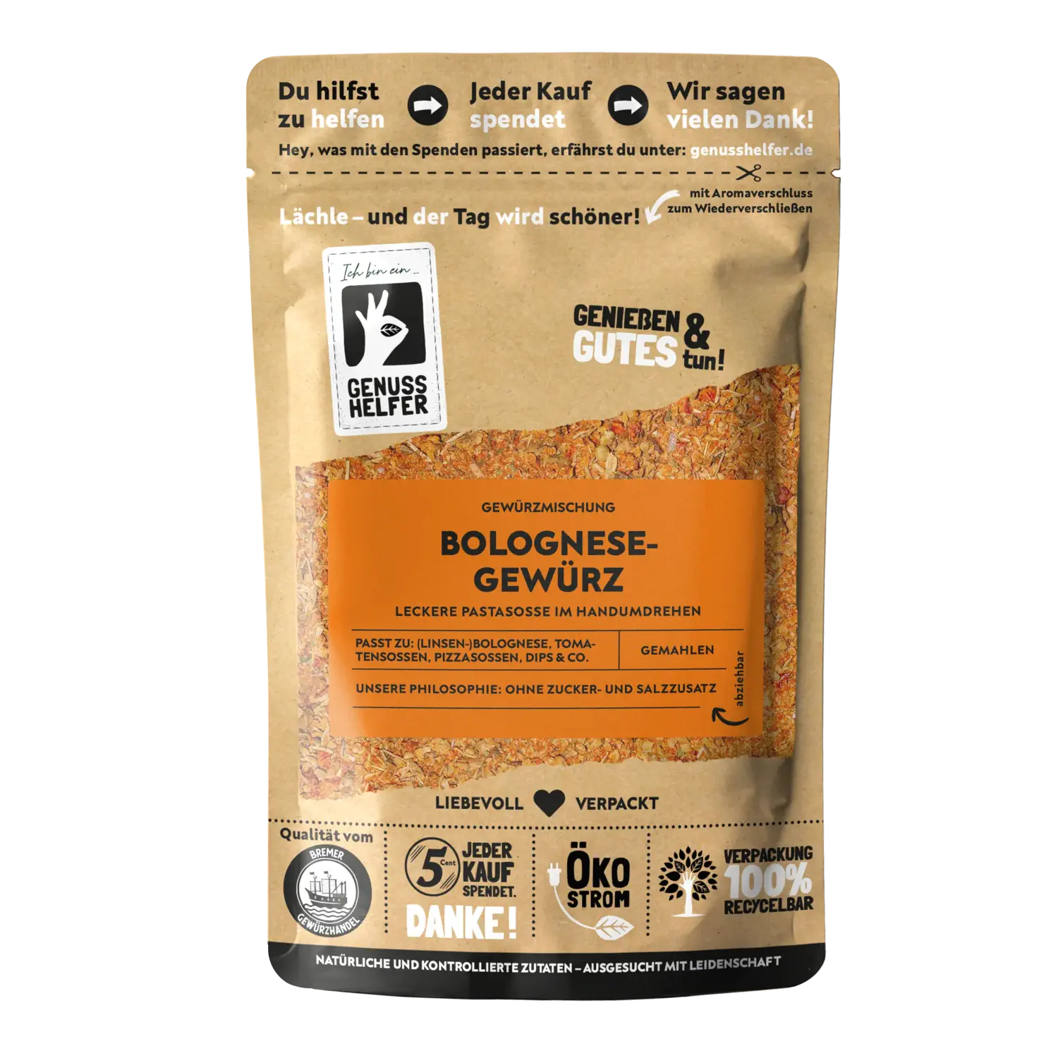 Bolognese Gewürz, italienische Gewürzmischung, gemahlen Vorderansicht eines Beutels mit Bolognese-Gewürz