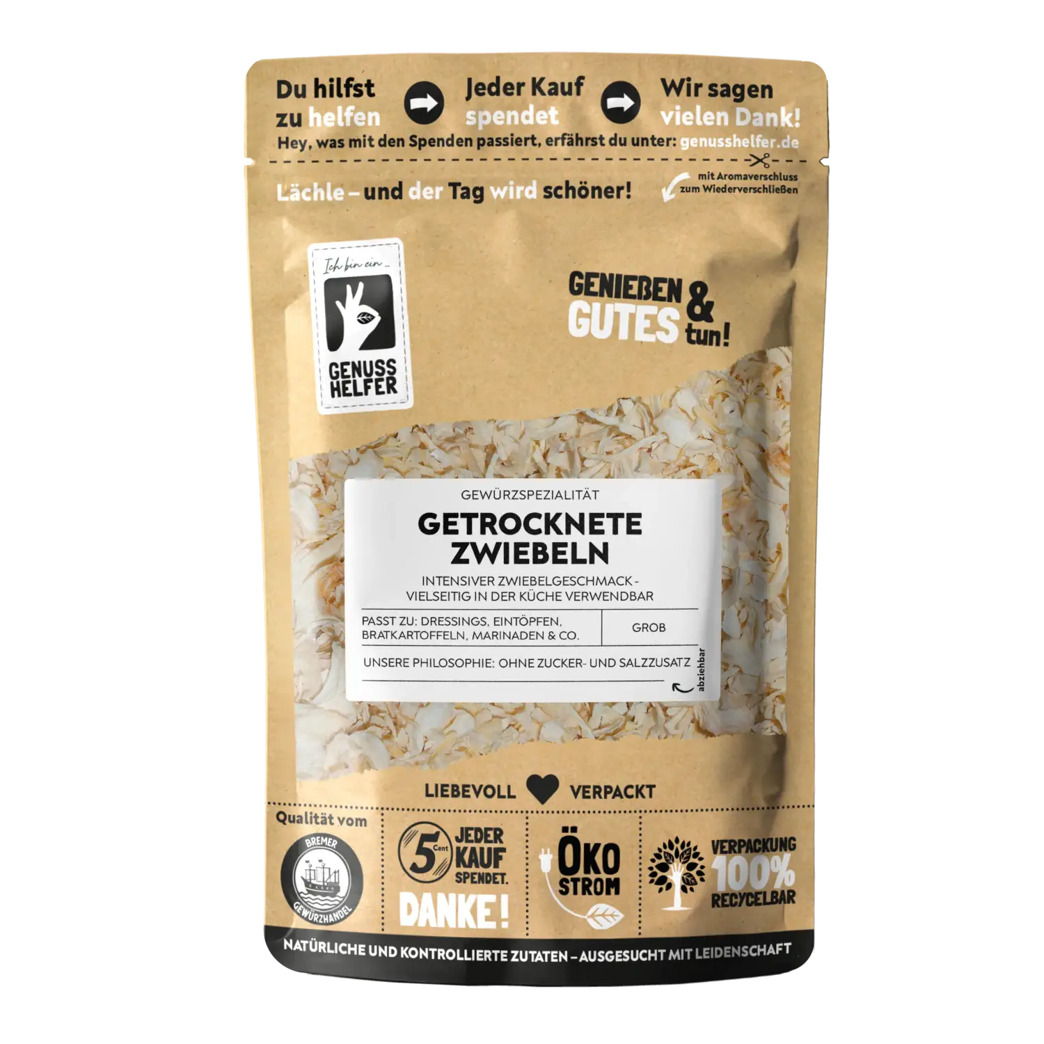 Vorderansicht eines Beutels mit getrockneten Zwiebeln