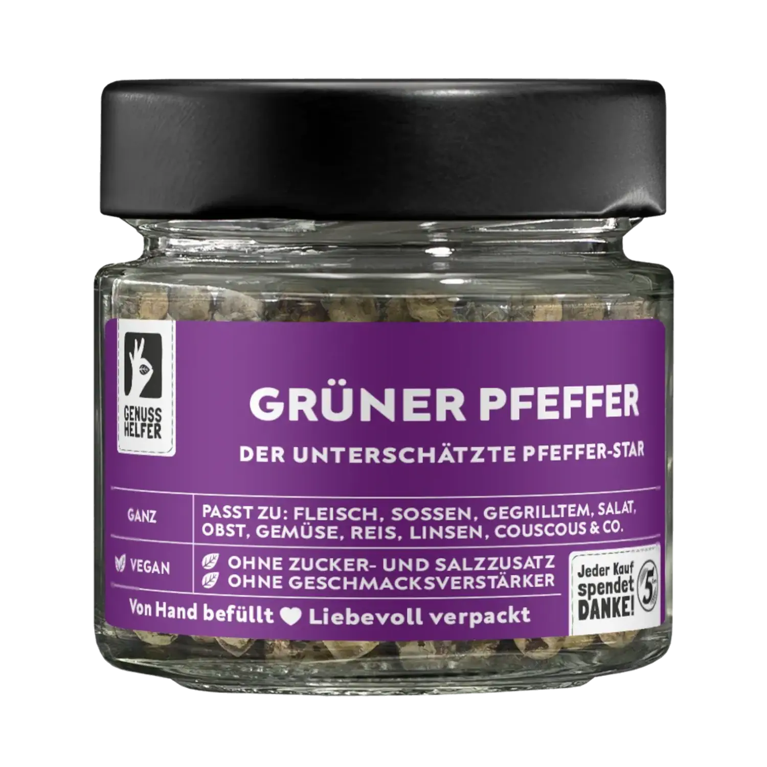 Vorderansicht eines Glases mit grünem Pfeffer (ganz)