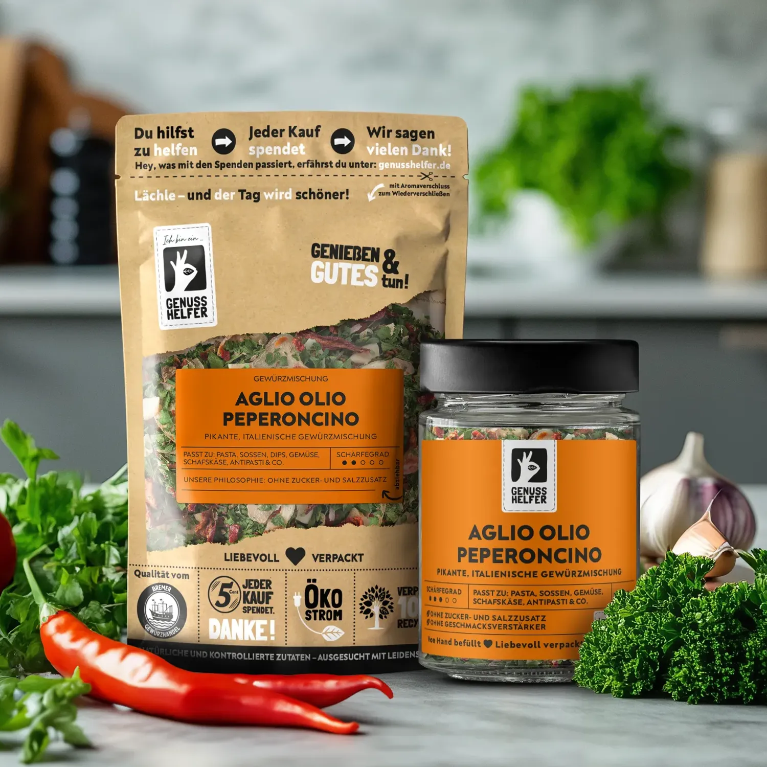 Präsentation der Gewürzmischung Aglio Olio Peperoncino