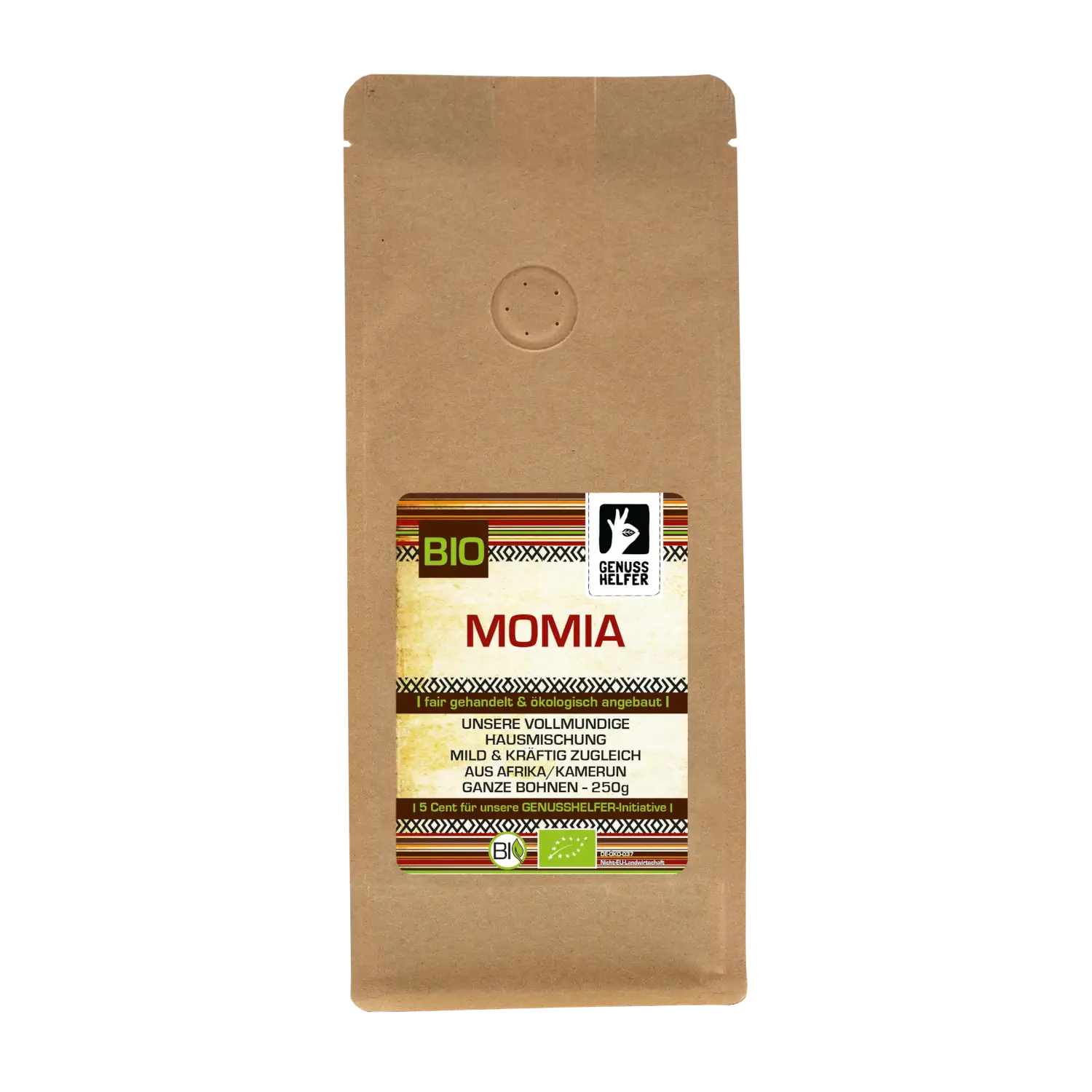 Detailansicht des 250 g Beutels mit ganzen Kaffeebohnen „Momia“
