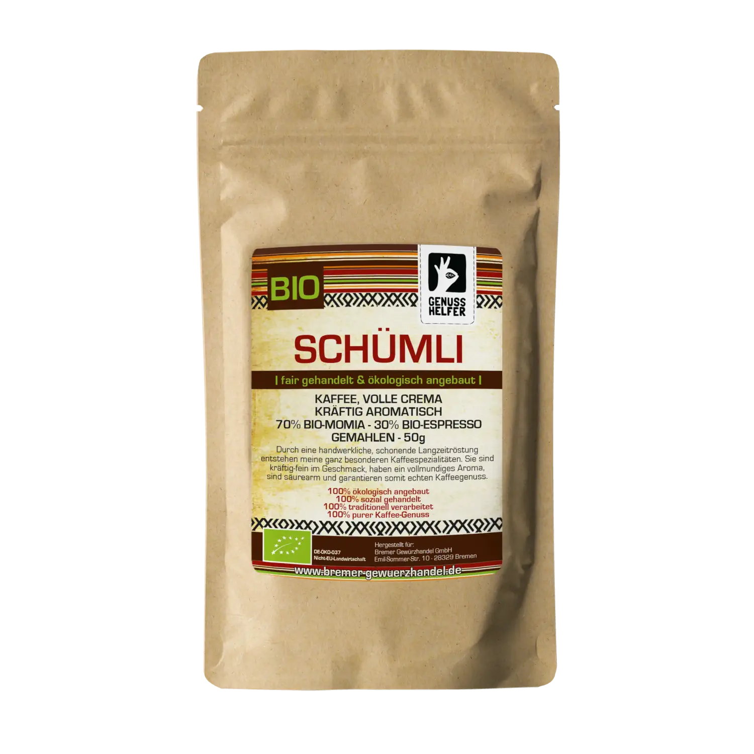 Vorderansicht eines 50-g-Beutels mit gemahlenem Schümli Kaffee