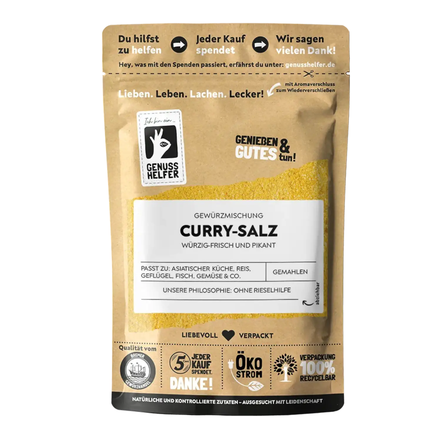 Vorderansicht eines Beutels mit gemahlenem Curry-Salz