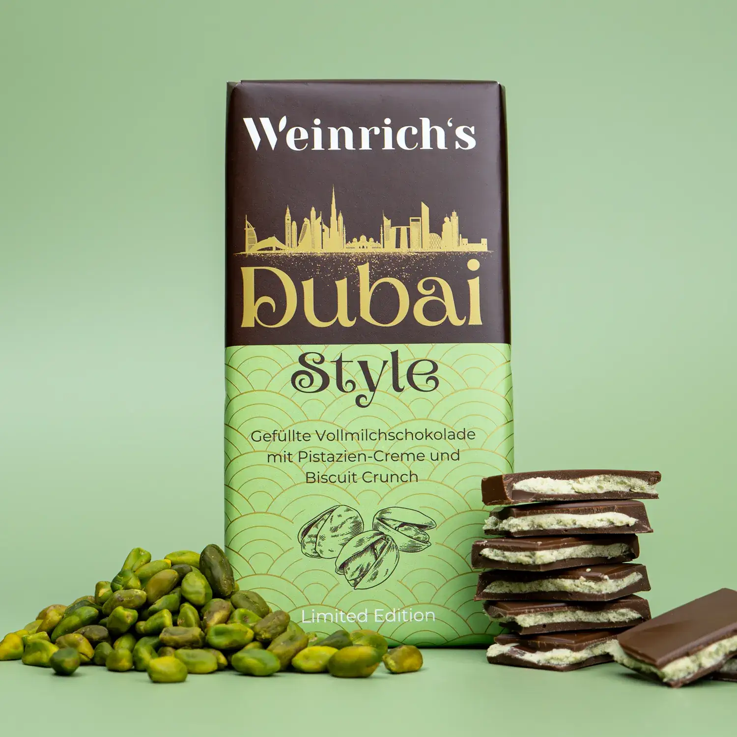Weinrich's Schokolade "Dubai Style" Tafel Vollmilchschokolade mit Pistazienfüllung im Dubai-Style