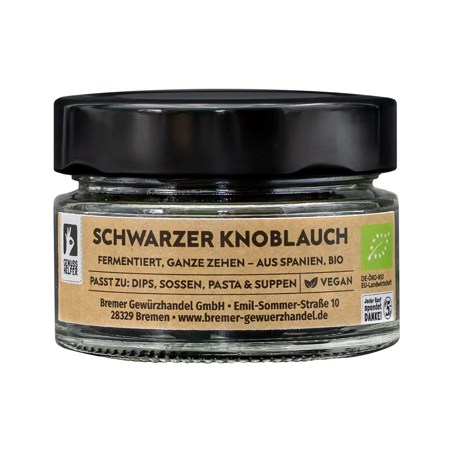 Schwarzer Knoblauch, BIO, fermentiert, ganze Zehen Vorderansicht eines Glases mit fermentiertem Bio Schwarzem Knoblauch