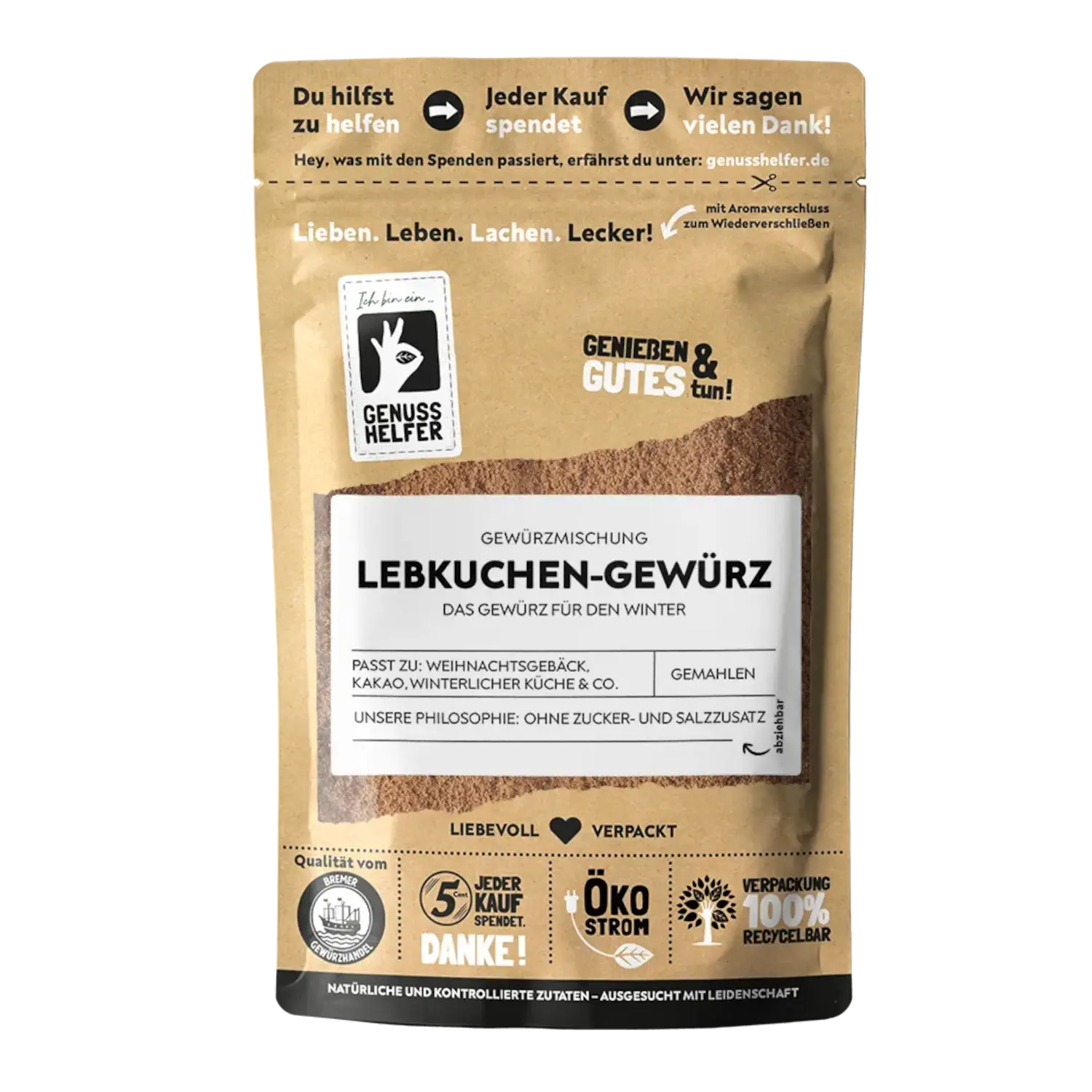 Lebkuchen-Gewürz, gemahlen Vorderansicht eines Beutels mit Lebkuchengewürz