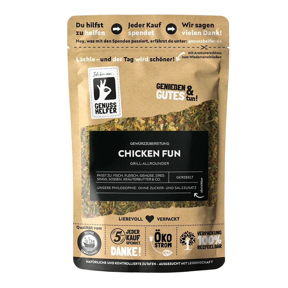 Vorderansicht eines Beutels mit gerebelter Gewürzmischung „Chicken Fun“
