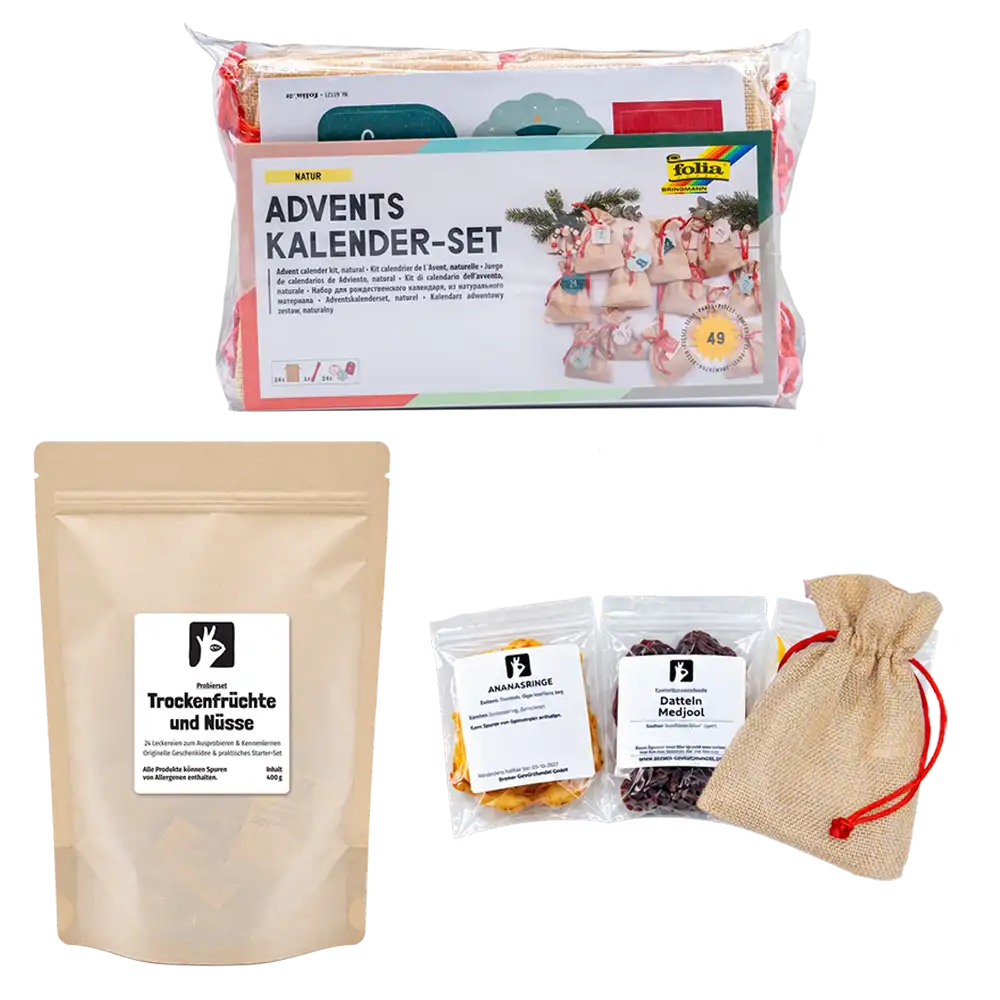 Adventskalender-Set „Natur“ mit Trockenfrüchten und Snacks