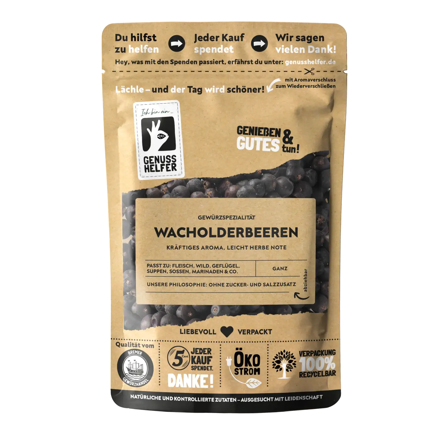 Wacholderbeeren, ganz Vorderansicht eines Beutels mit ganzen Wacholderbeeren
