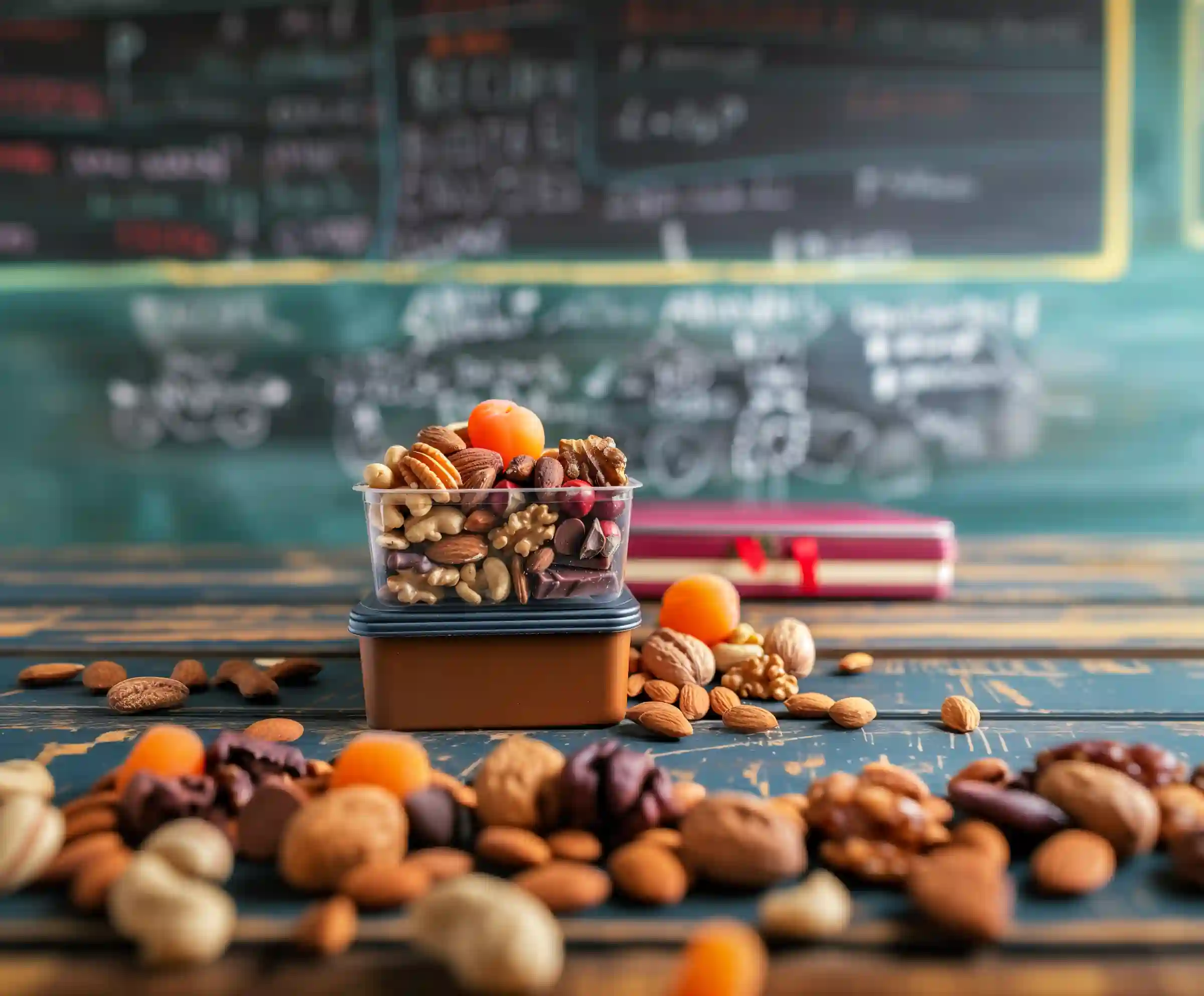 Nüsse und Trockenfrüchte als Nervennahrung auf einem Schreibtisch