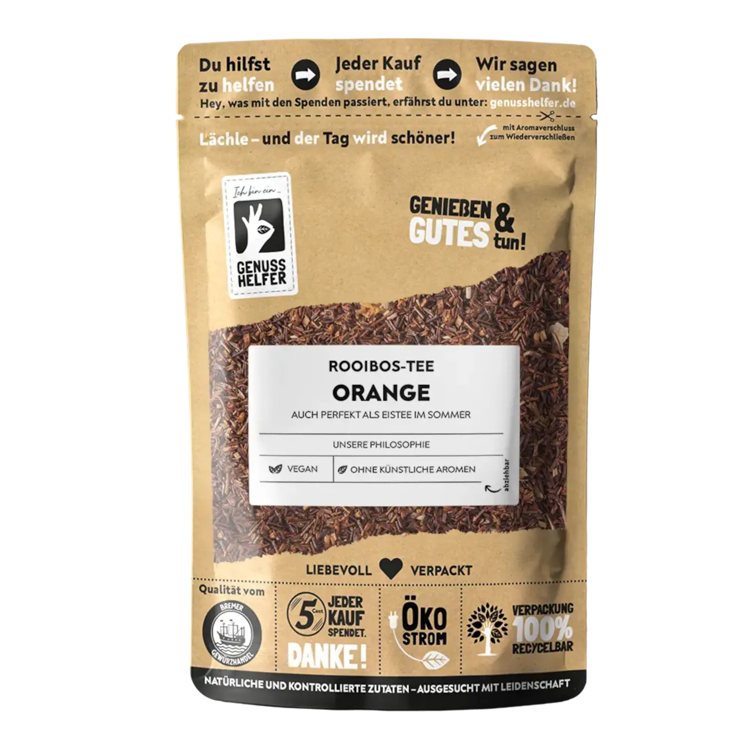 Rooibos Orange Vorderansicht eines Beutels mit Rooibos-Tee Orange